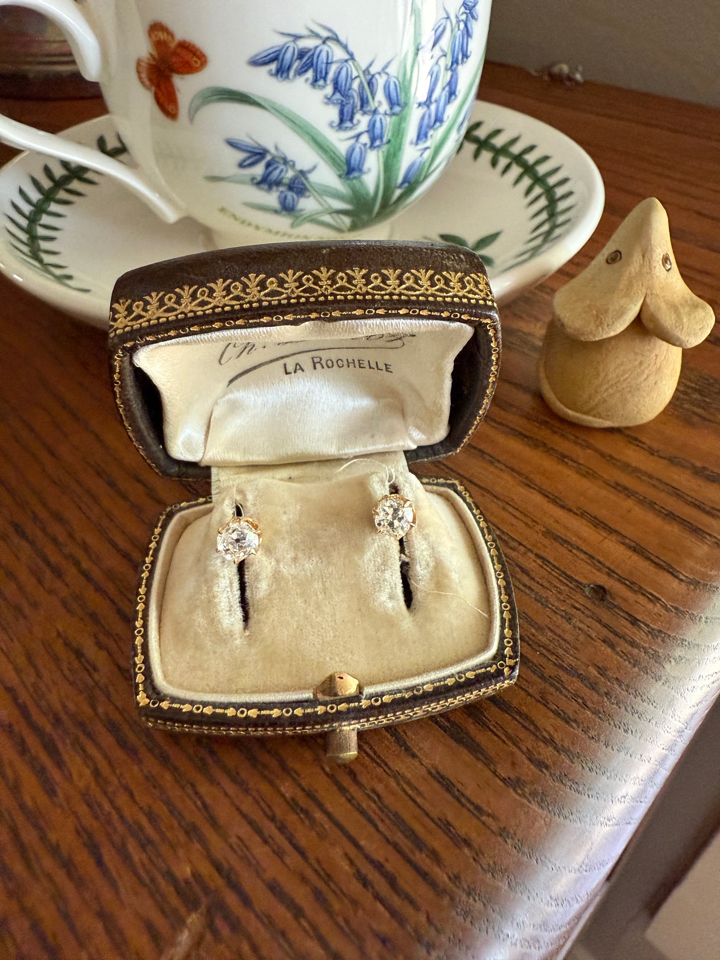 Antique 1 Carat 1Ctw. Cushion Cut Old Mine Cut DIAMOND Stud Earrings 18k GOLD Setting 9k Backs