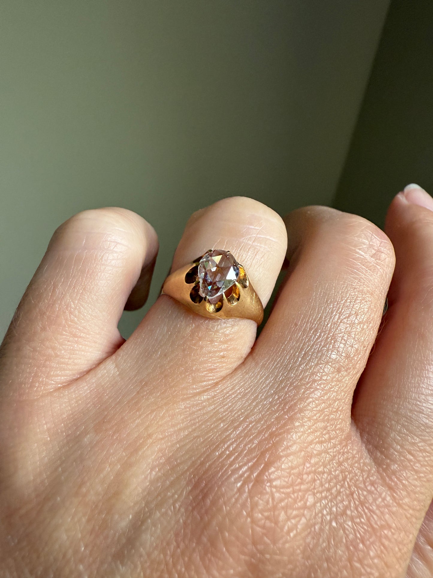 Special PEAR Open Back Rose Cut DIAMOND Original Antique Solitiare 18k Gold Buttercup Belcher Glowing Setting