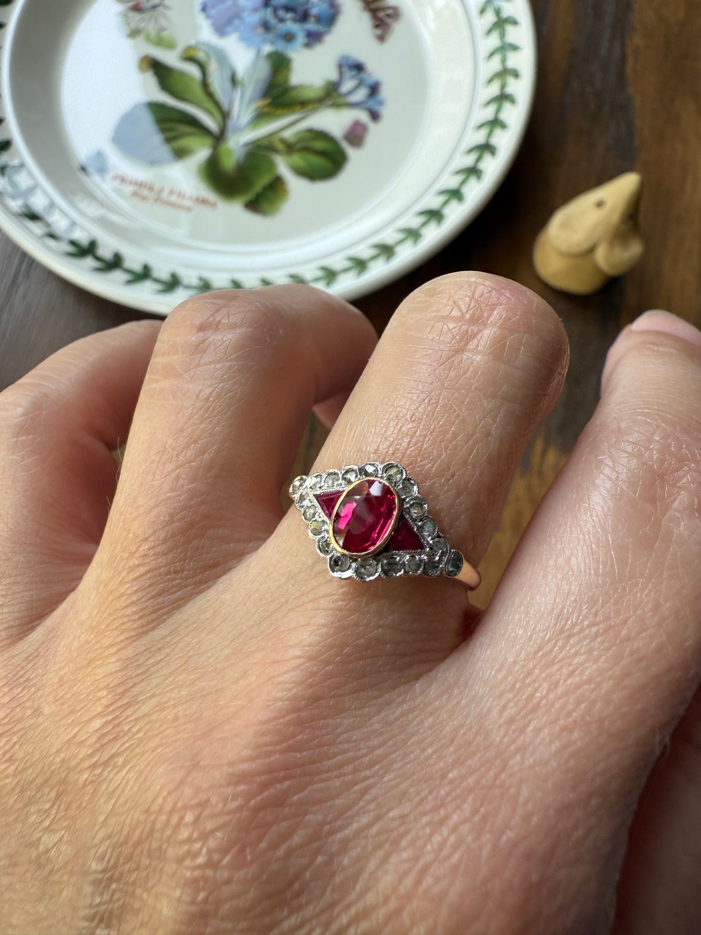 Antique Pink RUBY Rose Cut DIAMOND Garland Halo East West Ring French 18k Gold Stacker Belle Epoque Triangular Trillion