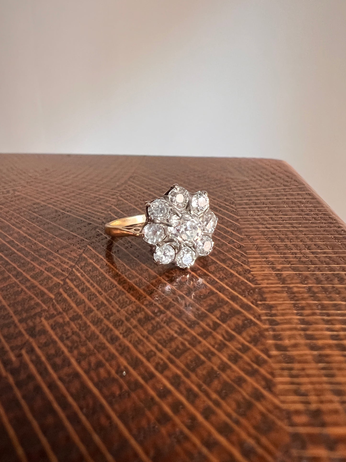 French Antique 2 Carat Old Mine Cut DIAMOND Ring 18k Gold 2Ctw Halo Cluster Stacker Romantic Gift Daisy Engagement