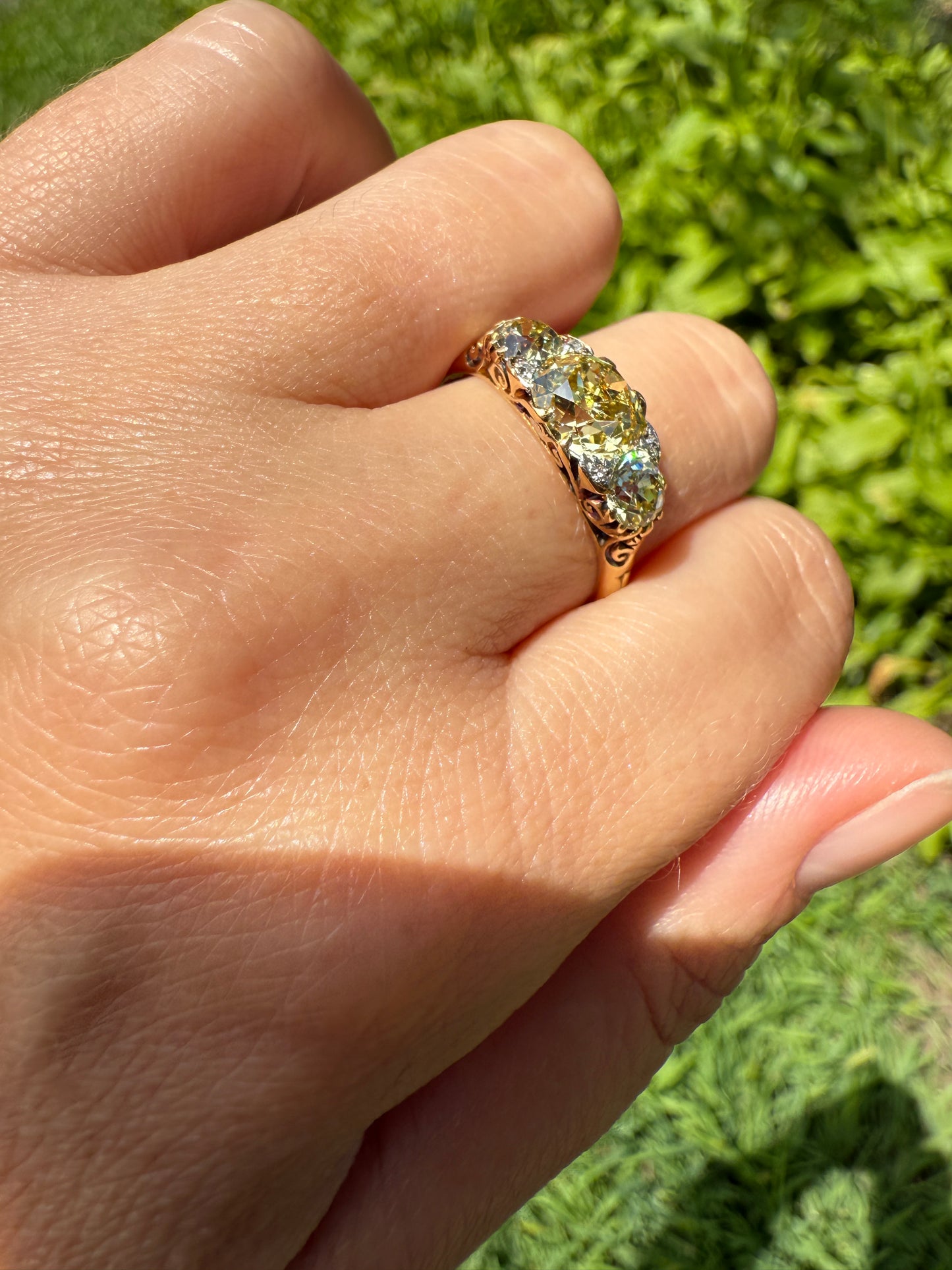 SPECIAL 3.1 Carat Antique FANCY YELLOW Old Mine Cut Diamond Three Stone Canary Ring Gemset Prong Spacers 18k Gold Rare Chunky Band