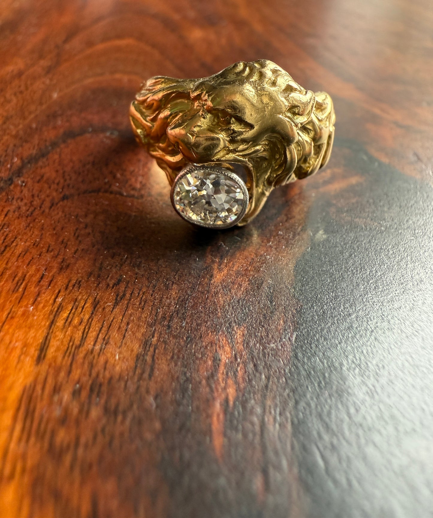 LION Antique HEAVY French 13.6g 18k GOLD Solid Ring One Carat Old Mine Cut Diamond Wide Band 3D Gift Figural Animal Jewelry Man Unisex OmC