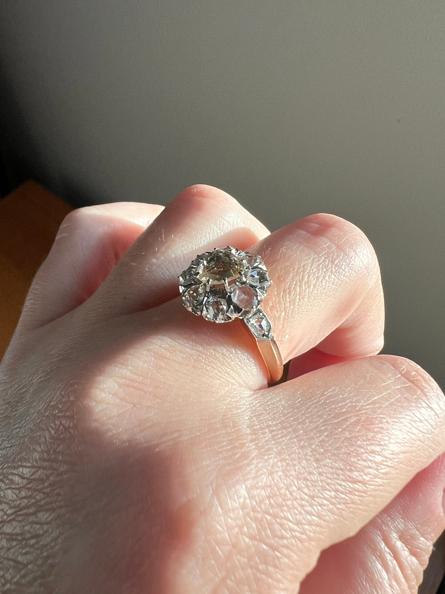 ANTIQUE 1.3 CARAT Rose Cut DIAMOND Clear Disco Daisy Cluster Ring French Victorian Era 18k Gold Platinum