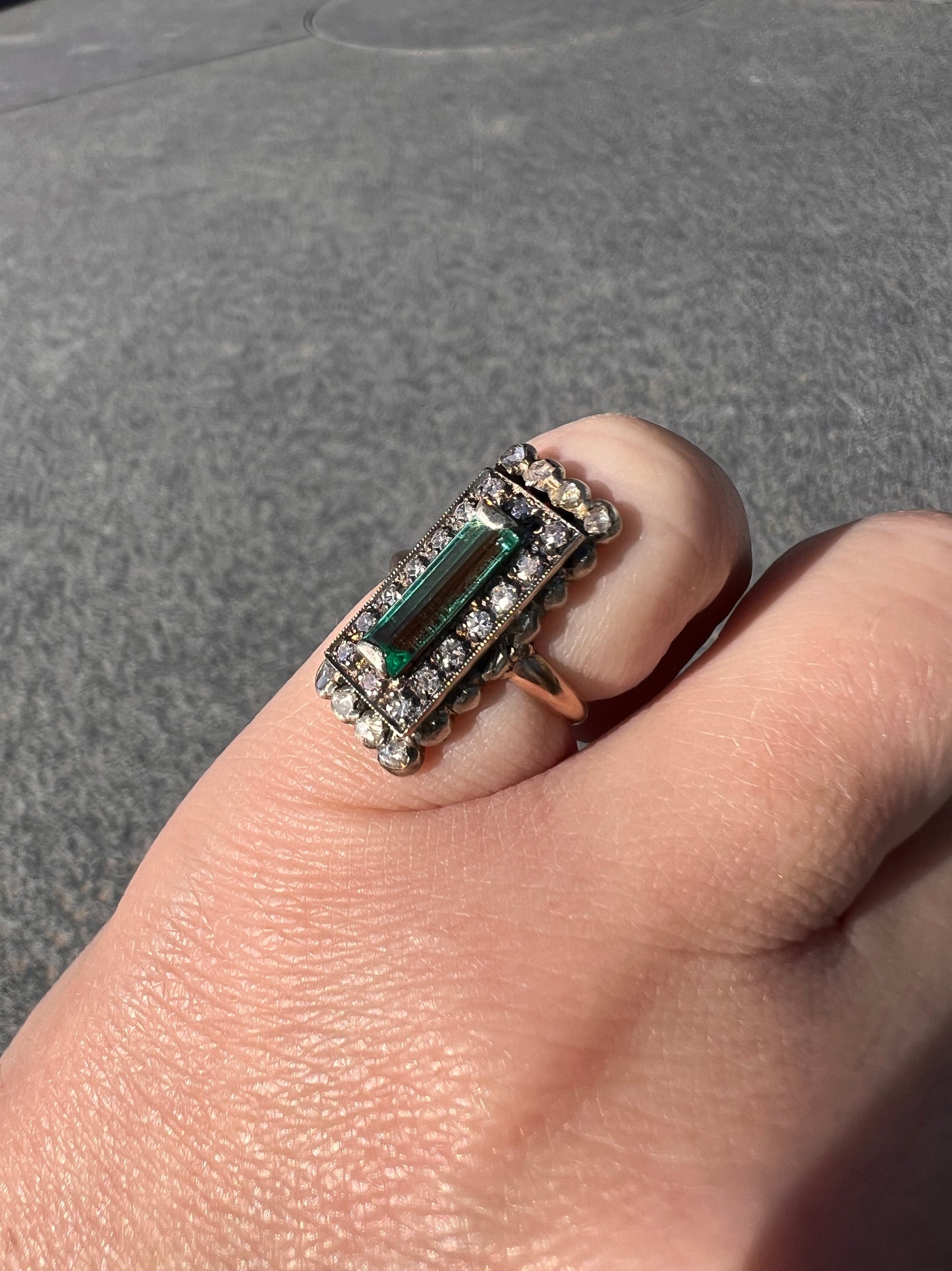 VICTORIAN Antique Emerald Cut Blue Green Tourmaline .5 Carat Rose & Single Cut Diamond Halo Panel Ring 14k Gold