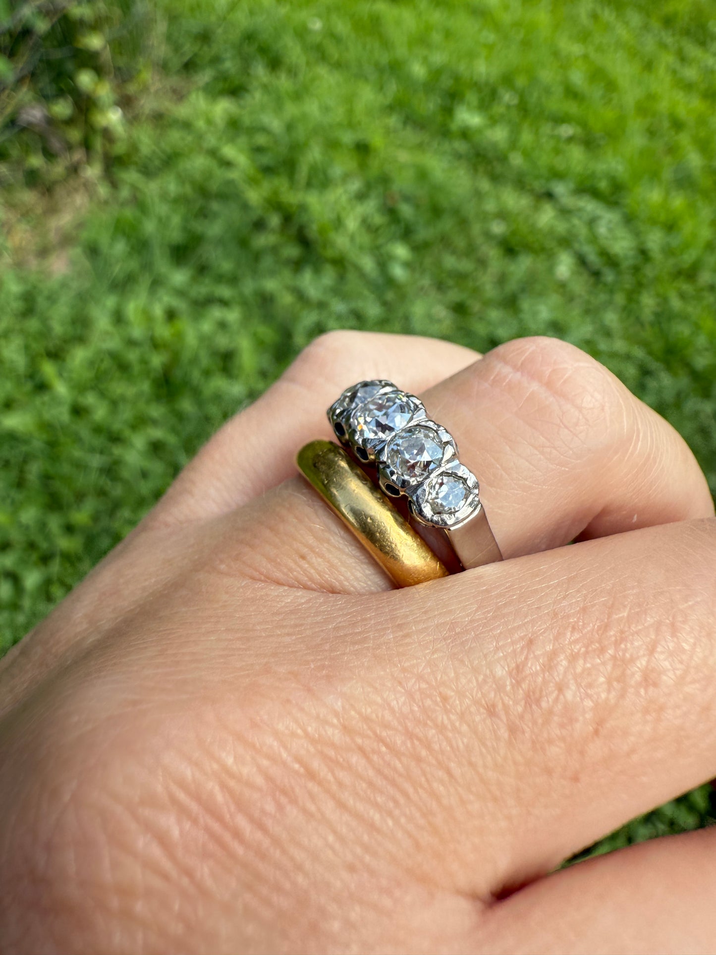 CHUNKY 1.5 Carat Five Stone Old Mine Cut Diamond Band French Antique Platinum Ring Stacker