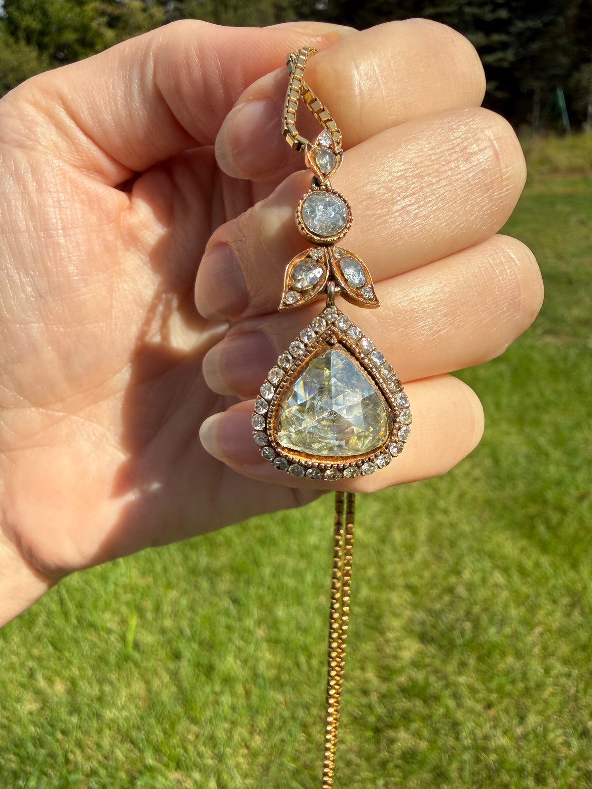 PEAR Triangular Antique XL Natural 3.5 Carats Old Dutch Rose Cut DIAMOND Pendant 14k Gold 5.4 Carats Face Up Retro Vintage 18k Venetian Chain
