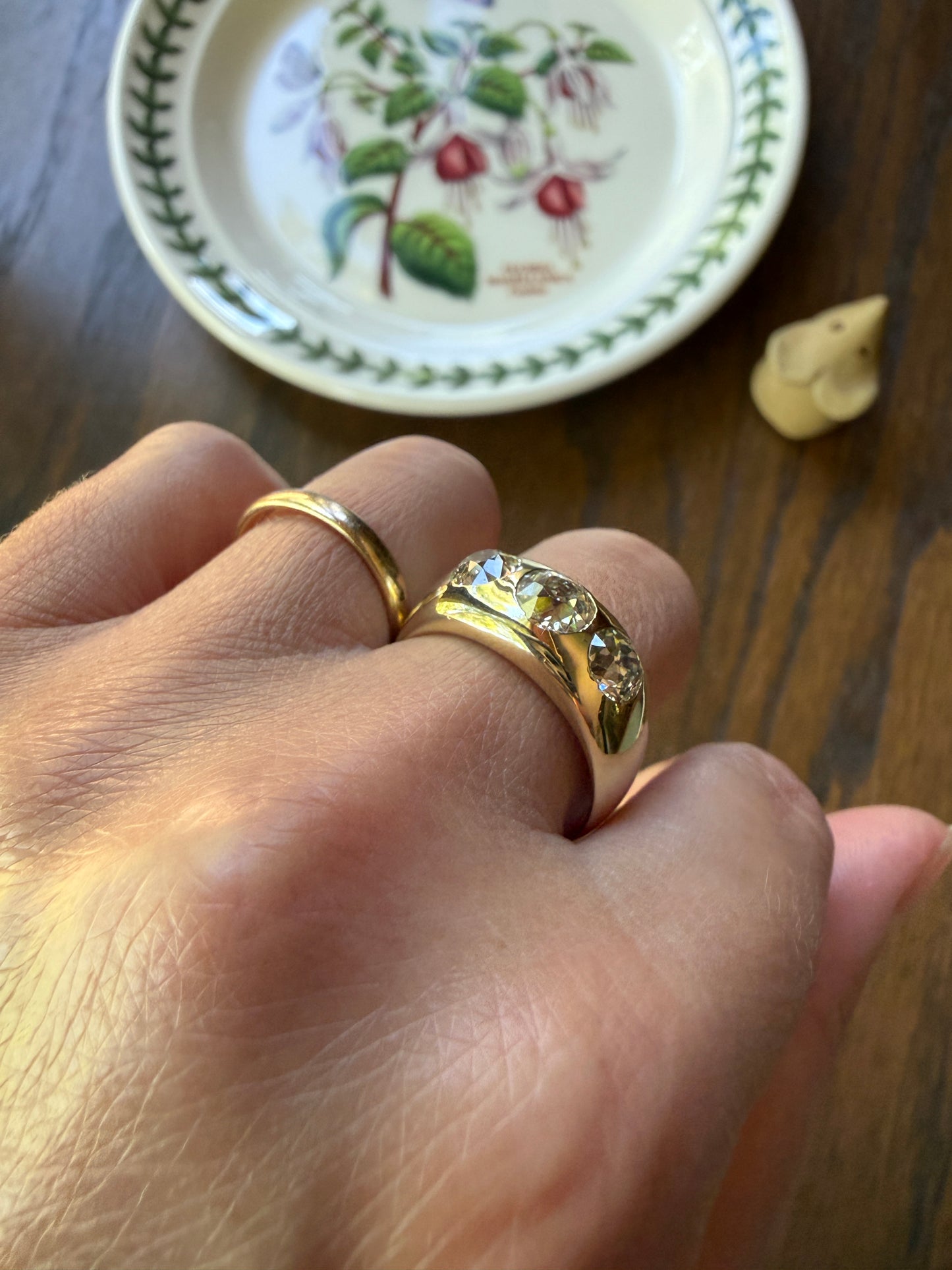 HEAVY Antique 2.4 Carats Natural Old Mine Cut Diamond Three Stone Gypsy Band 10.1g 14k Gold Stacker Ring Man Unisex Chunky