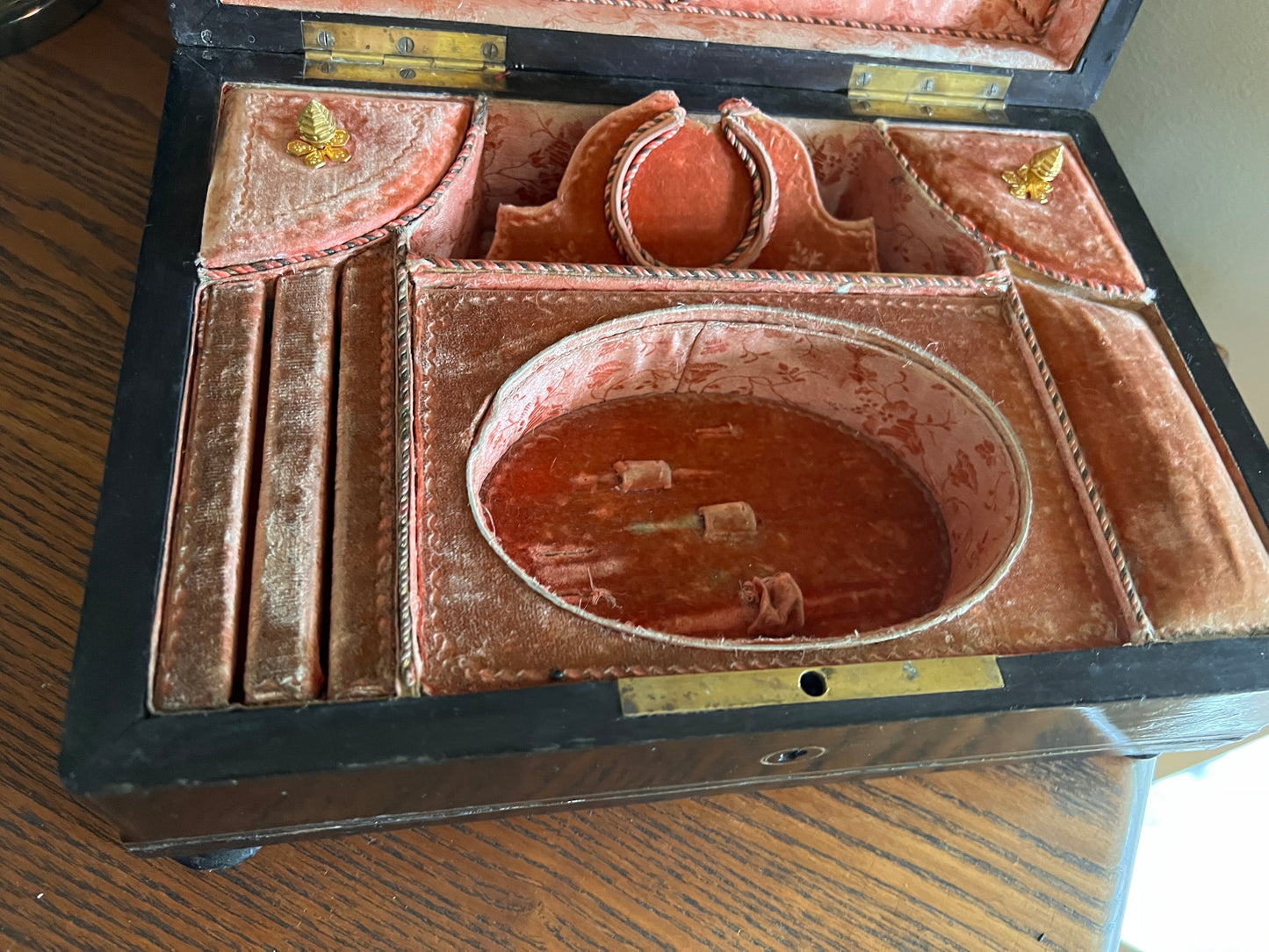 GORGEOUS French ORIGINAL Antique XL Wooden Jewelry Box Footed Inlay Brass Burl Salmon Pink Velvet Silk Interior Ring Holder