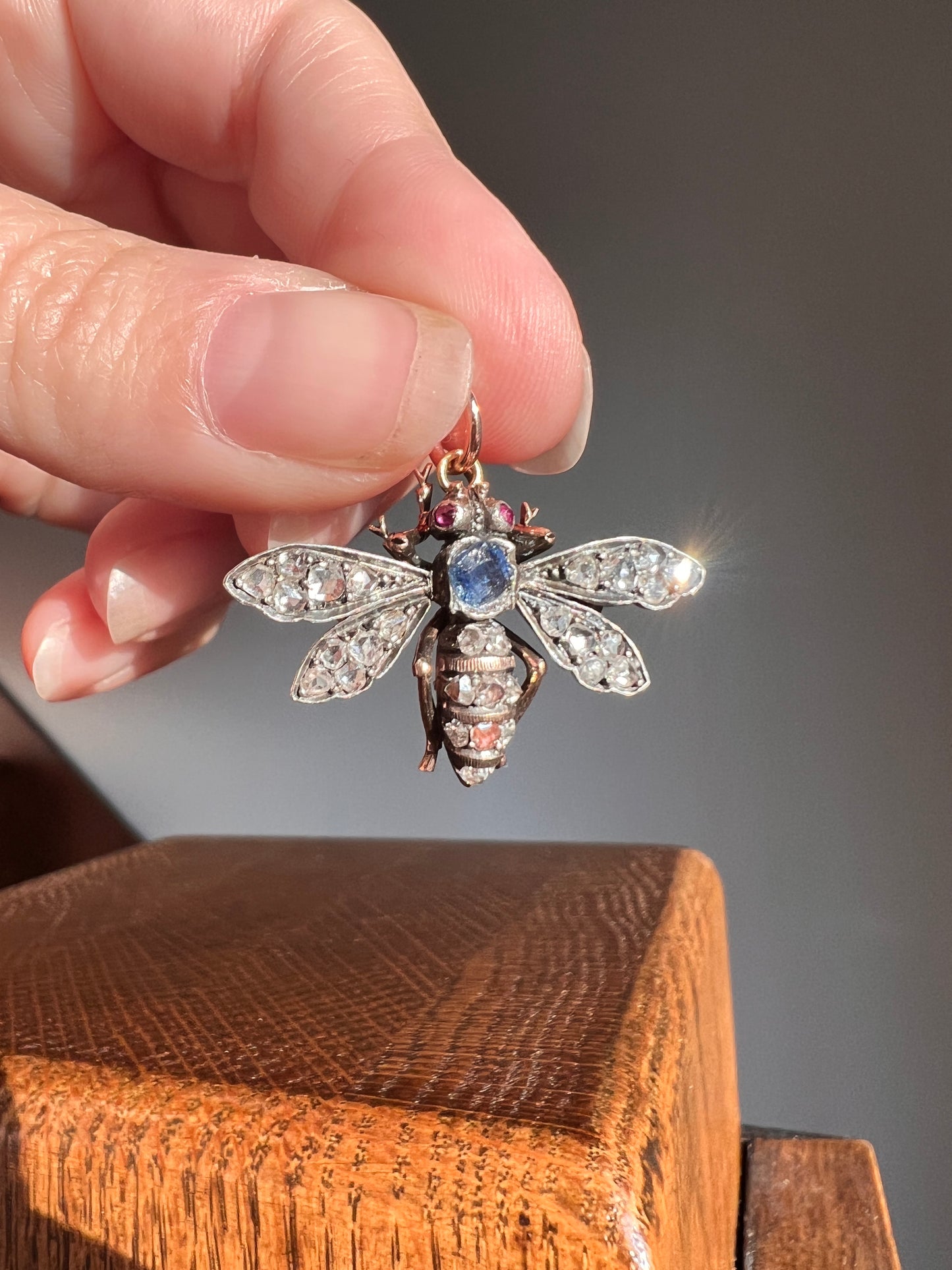 BUG Fly BEE French Antique Victorian Figural Pendant 1 Carat Rose Cut DIAMOND Ruby Sapphire 18k Gold Silver Figural