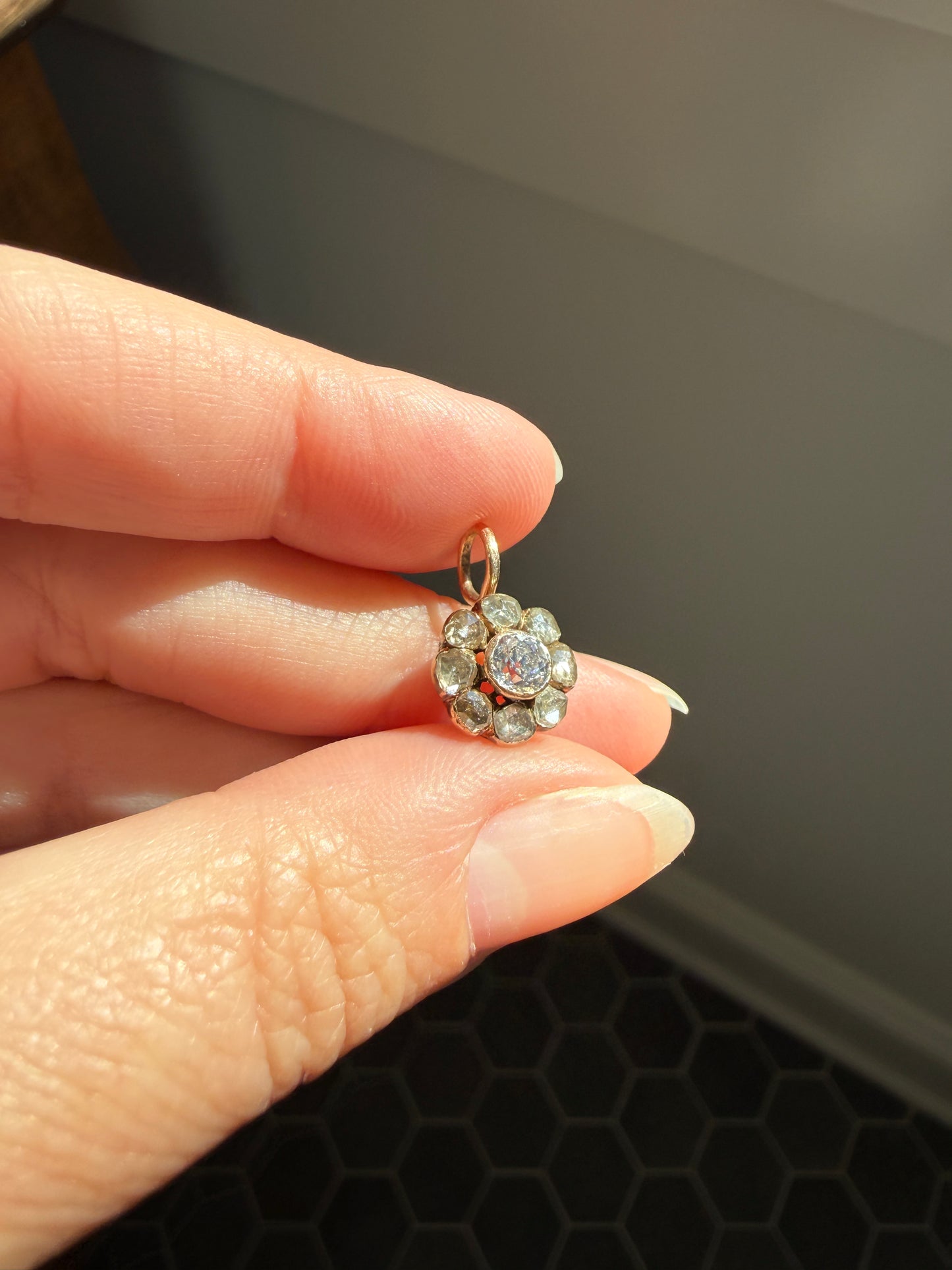 Daisy Cluster Pendant Old Mine Rose Cut DIAMOND Antique Victorian 18k Gold Pendant Necklace Bracelet Charm Floral