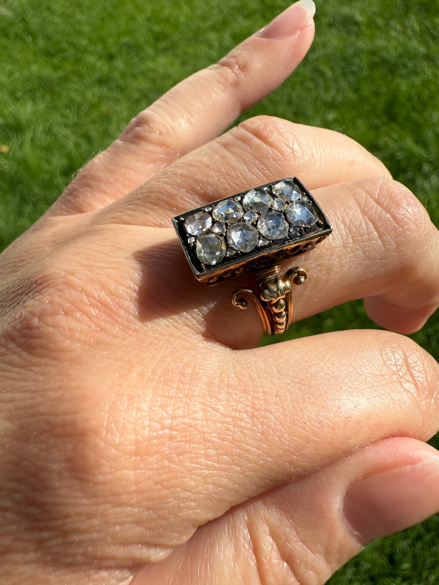 Georgian Era Antique 1 CARAT+ Rose Cut DIAMOND Disco Ball Grid Panel Lozenge Cluster Ring 18k Gold Silver Collets Stacker Gift Faces Up 2Ctw