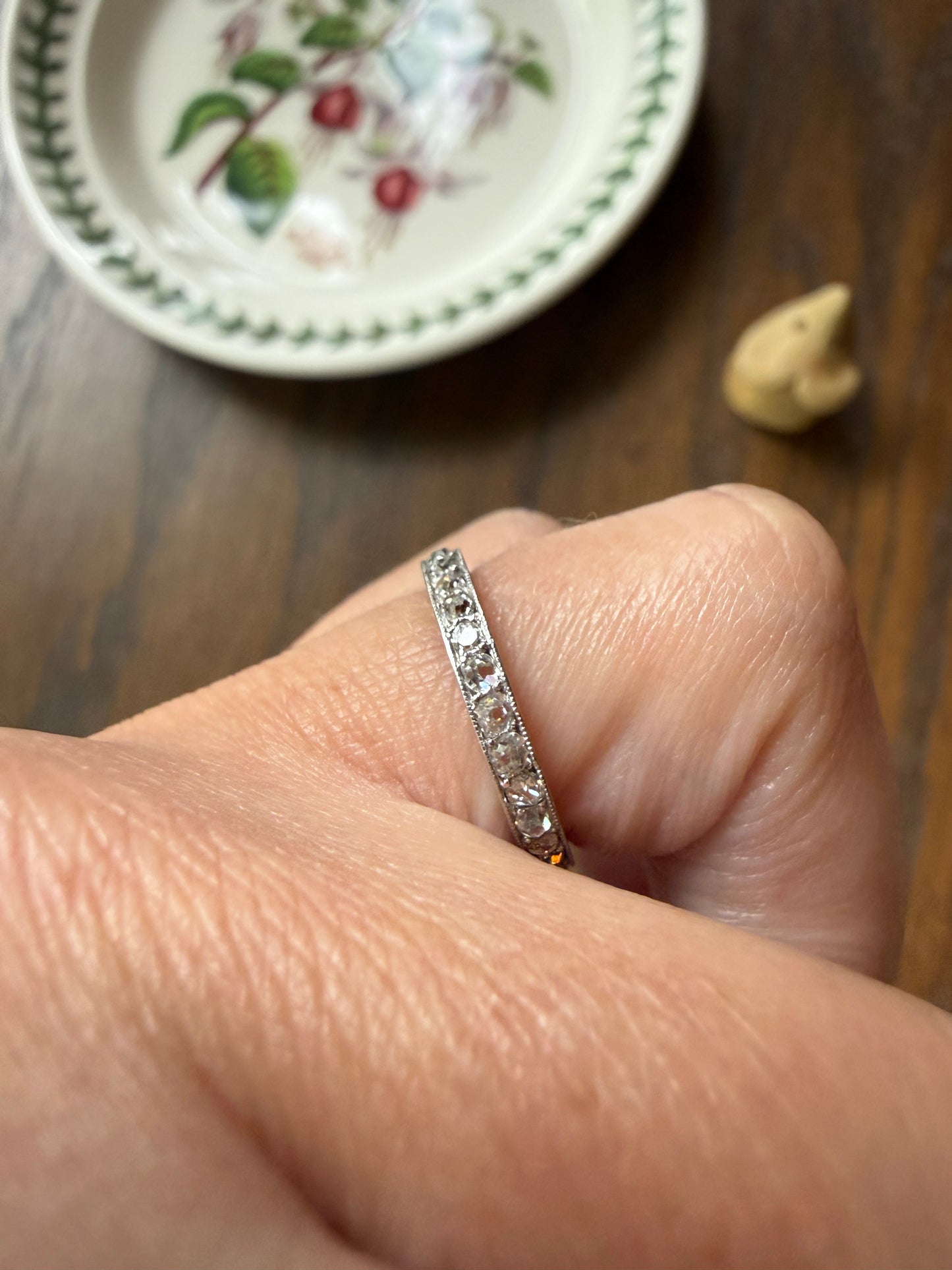 French Antique PLATINUM Chunky 1.5 Carat 29 Old Mine Cut Eternity Band Skinny Wedding Band Engraved Edwardian Stacker