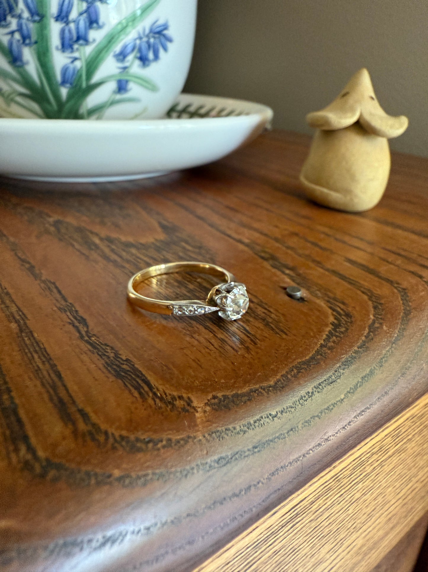 Classic Antique .67 Carat Old Mine Cut Diamond & Rose Cut Accents 18k Gold French Victorian Engagement Ring Solitaire Band Stacker OMC