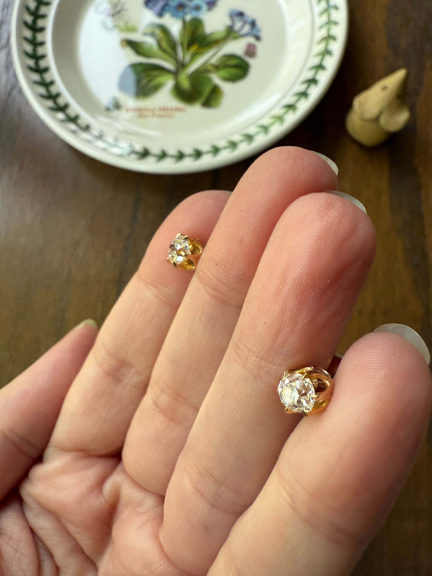 Antique 1 Carat 1Ctw. Cushion Cut Old Mine Cut DIAMOND Stud Earrings 18k GOLD Setting 9k Backs