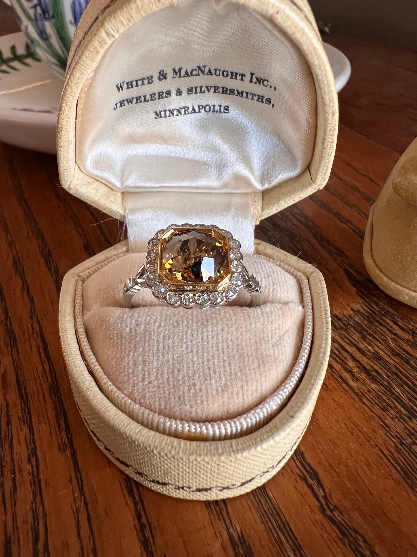 Edwardian 2.3 Carat Tdw Antique Fancy BROWN Yellow Old European Cut DIAMOND Halo Ring Platinum 18k Gold