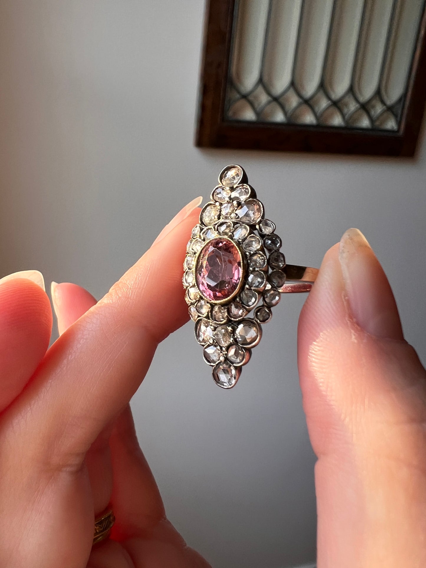 Pink TOURMALINE 2 Carats Rose Cut DIAMONDS XL Antique Navette Ring 14k Gold Platinum Tiered Halo Cluster