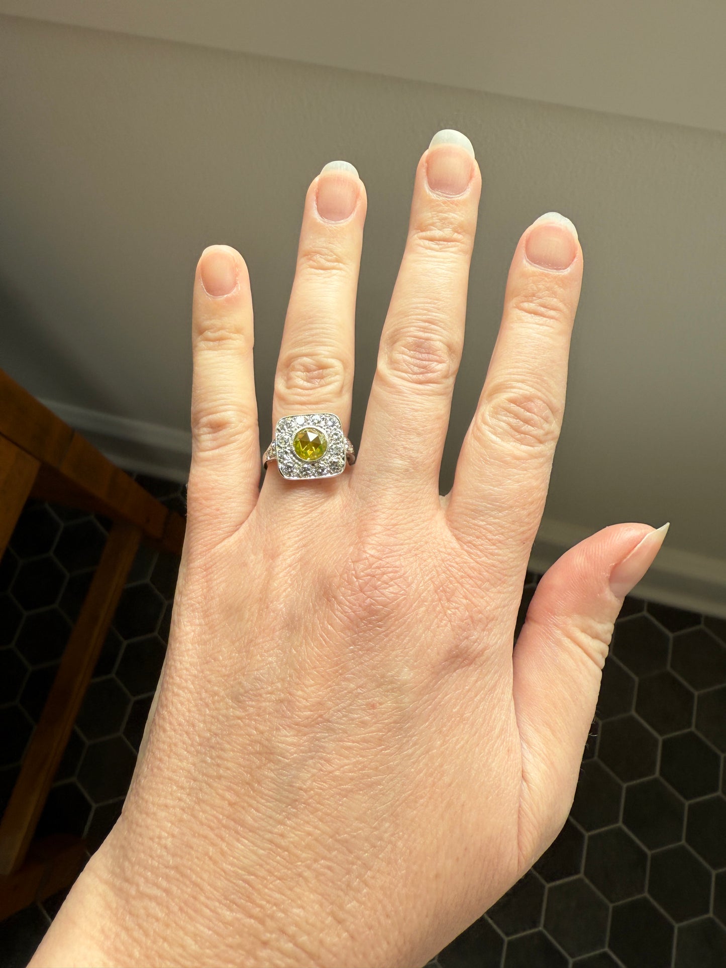 Vintage .8 Carat Fancy Greenish Yellow Natural ROSE CUT Diamond 1.8 Ctw Transitional Cut Boxed Cobblestone Panel Ring Platinum Lemon Lime