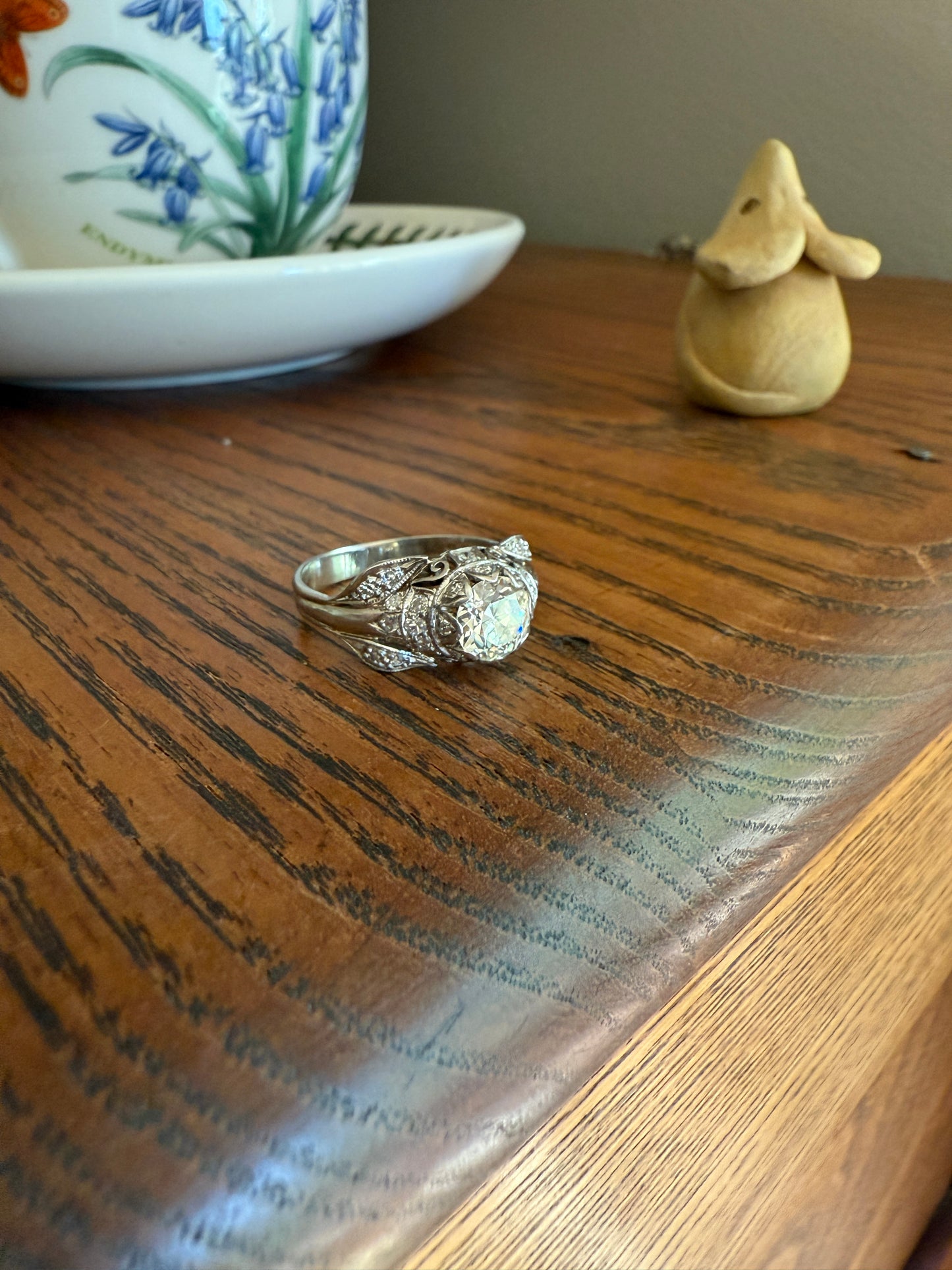 PLATINUM 1.7Ctw Art Deco Eye CLEAN Old European Cut Diamond Solitaire Engagement Ring w/ Wedding Set Wrap Encrusted Leaf Prong Antique c1928
