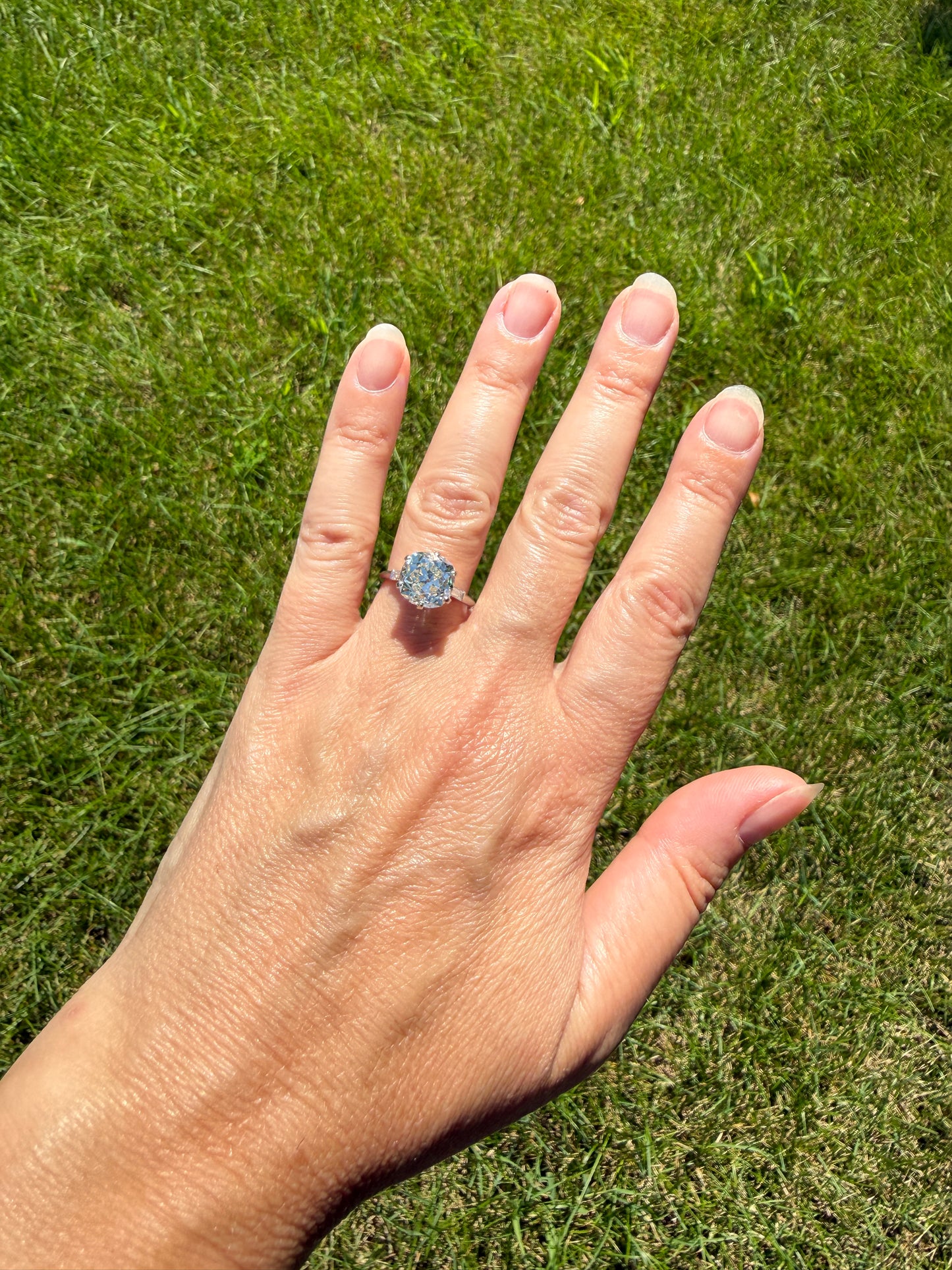 Chunky Vintage Four Carat Eye Clean Old Mine Cut Diamond Solitaire Engagement Ring French 18k White Gold Platinum Art Deco Baguette Tall OMC