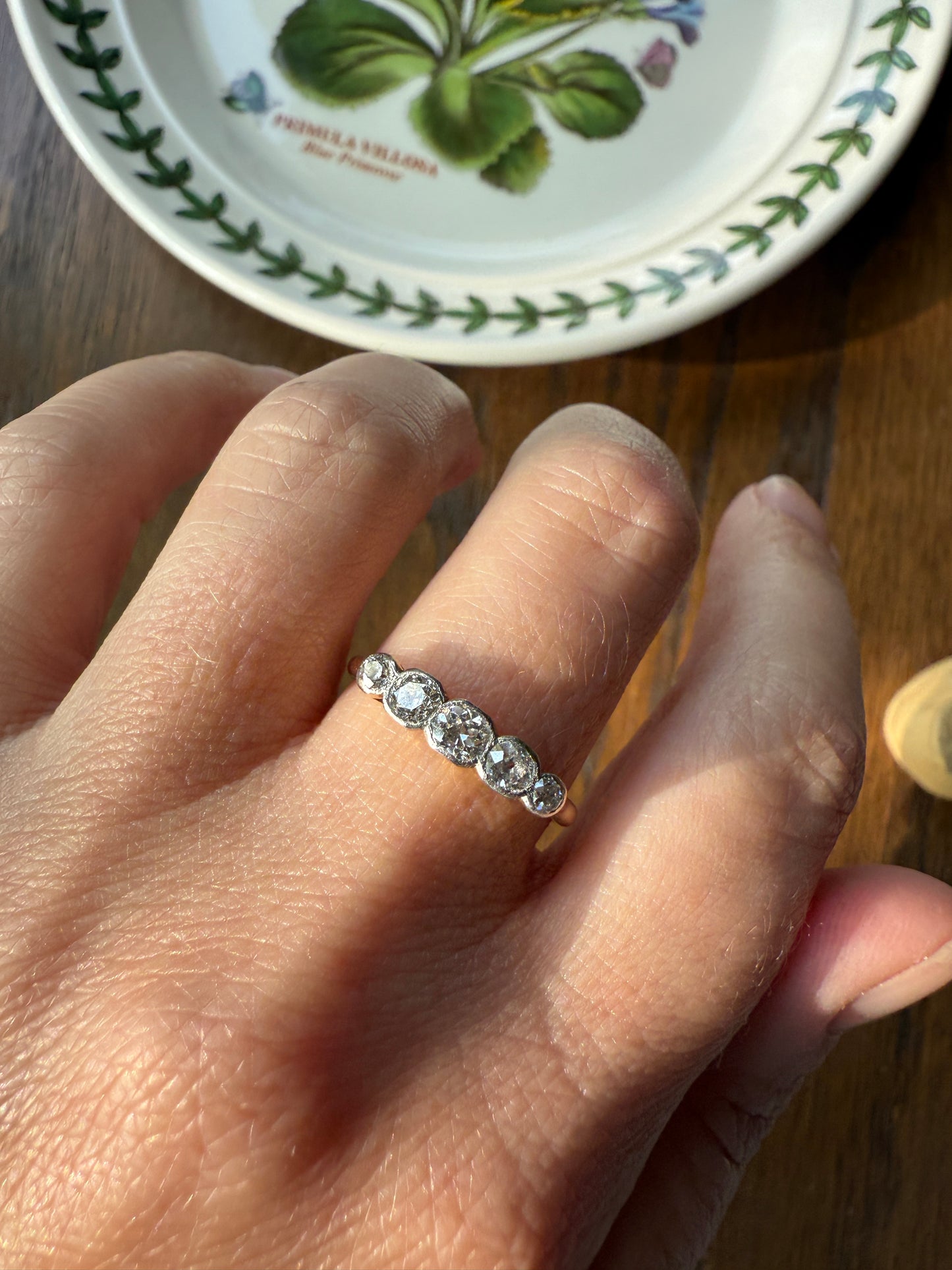 Antique Bezel Set Five Stone 0.6 Carat Old Mine Cut Diamond Ring 18k Skinny Band Stacker