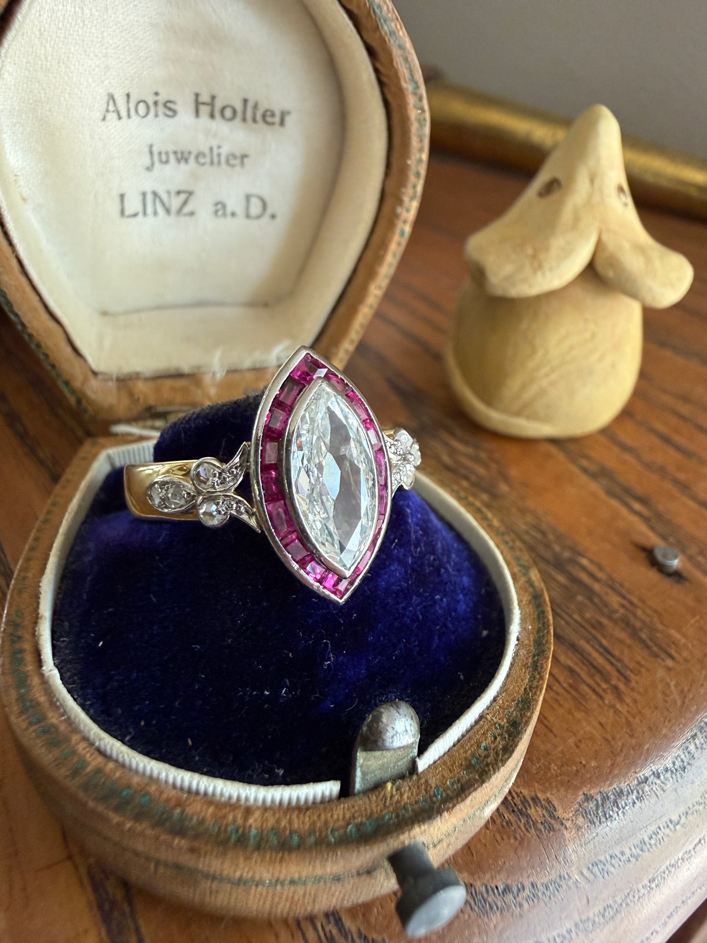 Vintage One Carat Old Cut MARQUISE Diamond Ruby HALO Navette French Art Deco Ring 18k Gold Platinum Belle Epoque Pink Rose Cut Accents