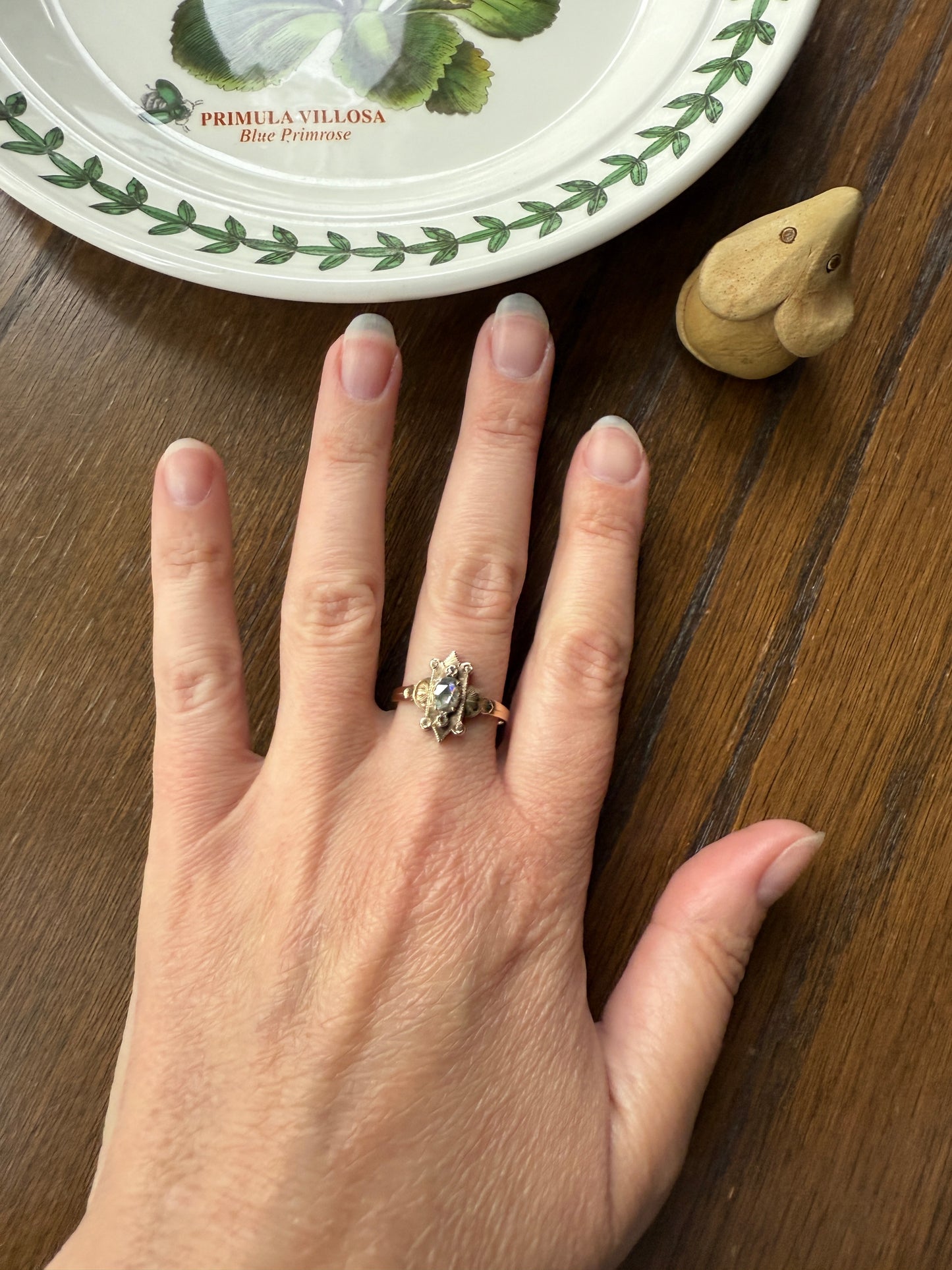 Georgian SHIELD Domed Oval Rose Cut Diamond Ornate Engraved Antique Ring 18k Gold Figural Stacker Gothic Medieval