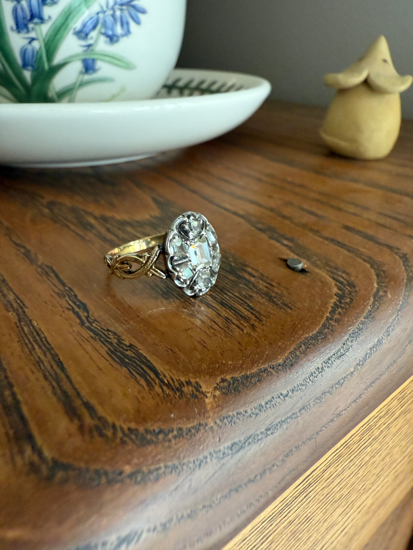 French Early Victorian Era Antique Open Back Table Cut DIAMOND Oval Cluster Ring 18k Gold Scarce Romantic Gift 1800s Ornate Band Stacker