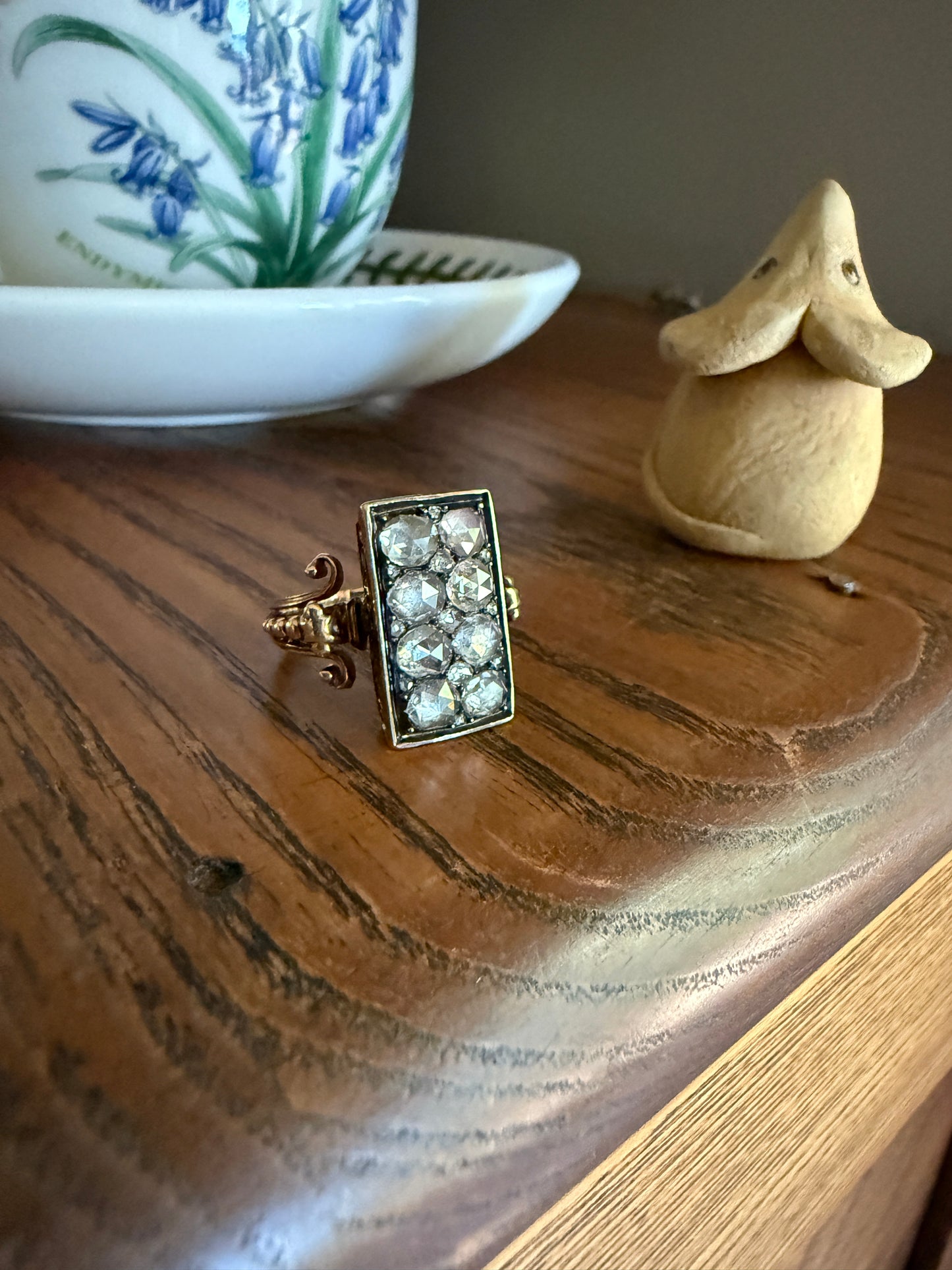 Georgian Era Antique 1 CARAT+ Rose Cut DIAMOND Disco Ball Grid Panel Lozenge Cluster Ring 18k Gold Silver Collets Stacker Gift Faces Up 2Ctw