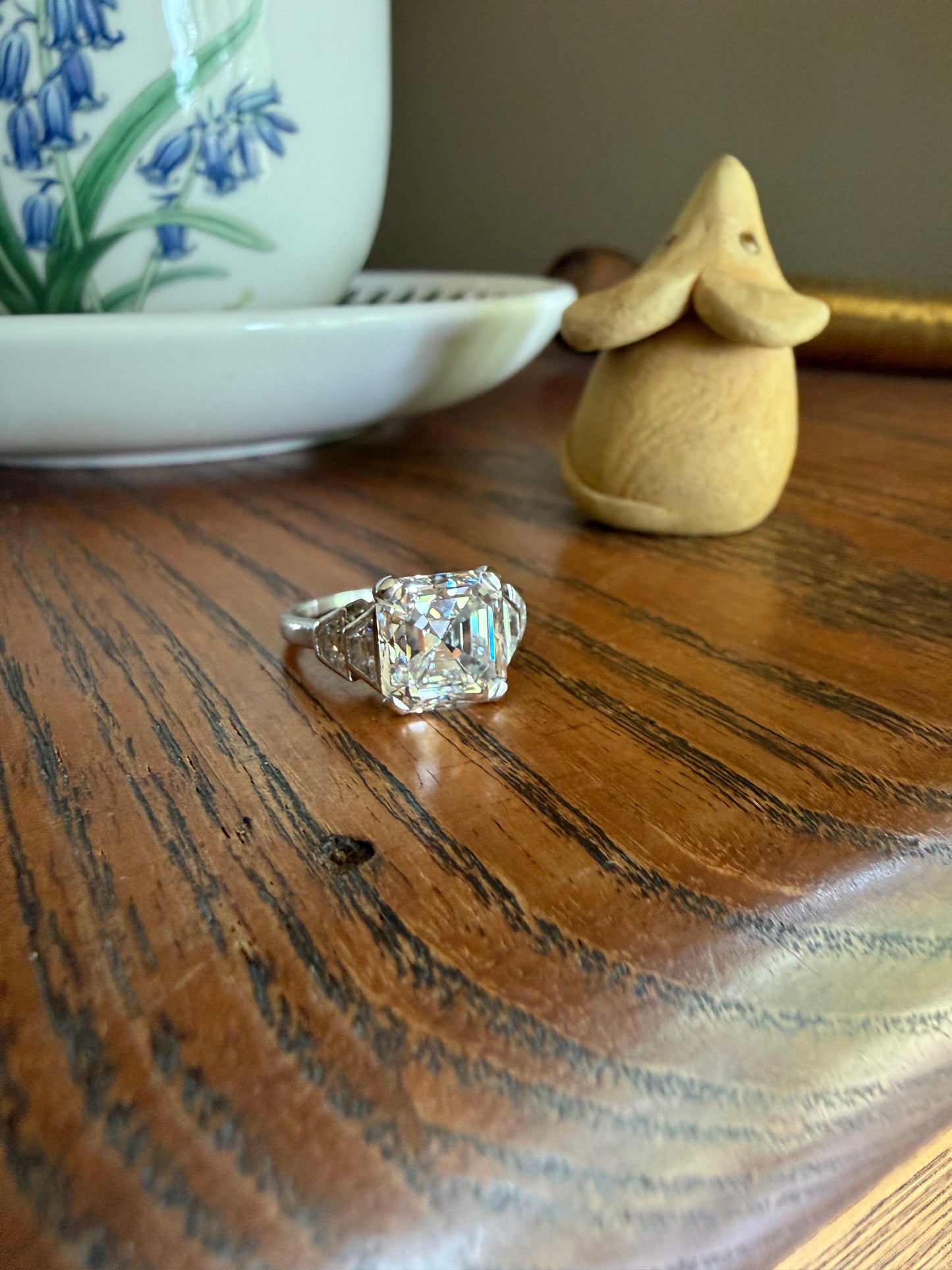 Exceptional 4 Carat Square Step Cut Diamond Solitaire Ring French PLATINUM w/ Trapezoid Accents Vintage to Art Deco 4.5Ctw Faces Eye CLEAN