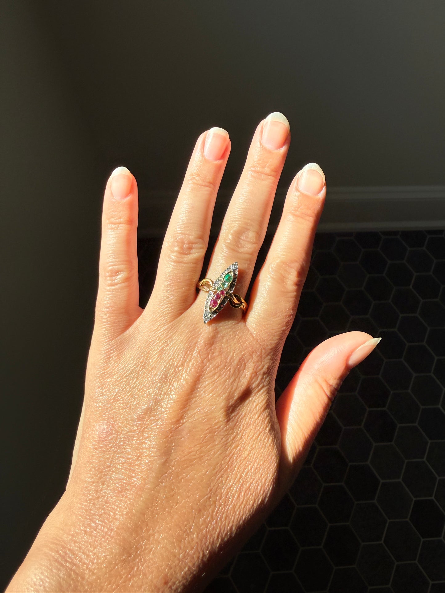Double SNAKES Antique Ring Natural Ruby Emerald Rose Cut DIAMOND Halo Navette Ring 18k Gold Platinum Red Green Victorian Love Gift