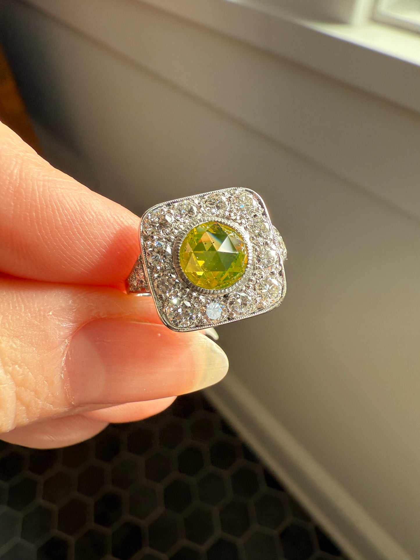 Vintage .8 Carat Fancy Greenish Yellow Natural ROSE CUT Diamond 1.8 Ctw Transitional Cut Boxed Cobblestone Panel Ring Platinum Lemon Lime