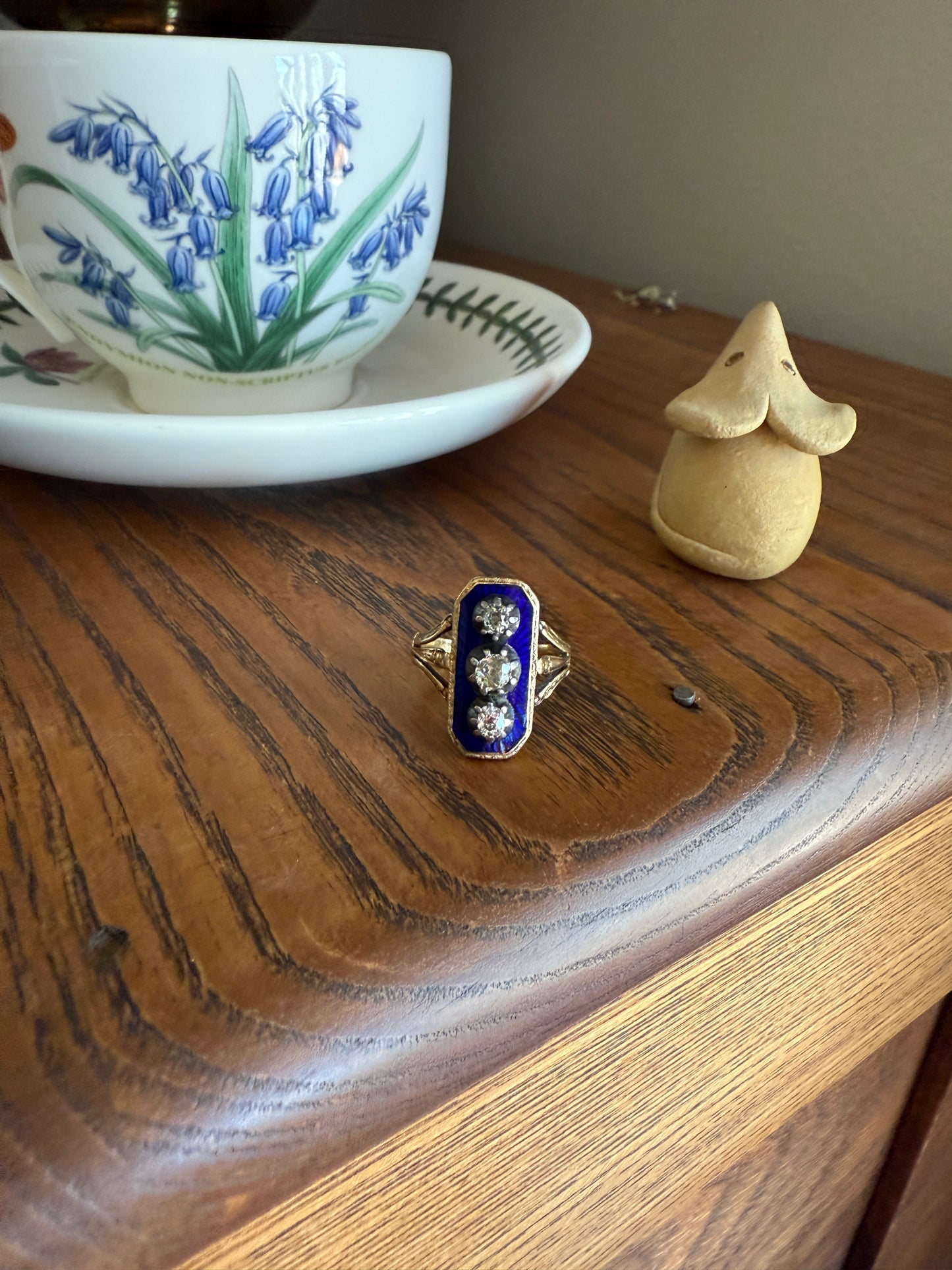 French Antique Georgian Bague Au Firmament .8 Carat Old Mine Cut Diamond Blue Enamel 18k Gold Ring of Heaven STAR Victorian
