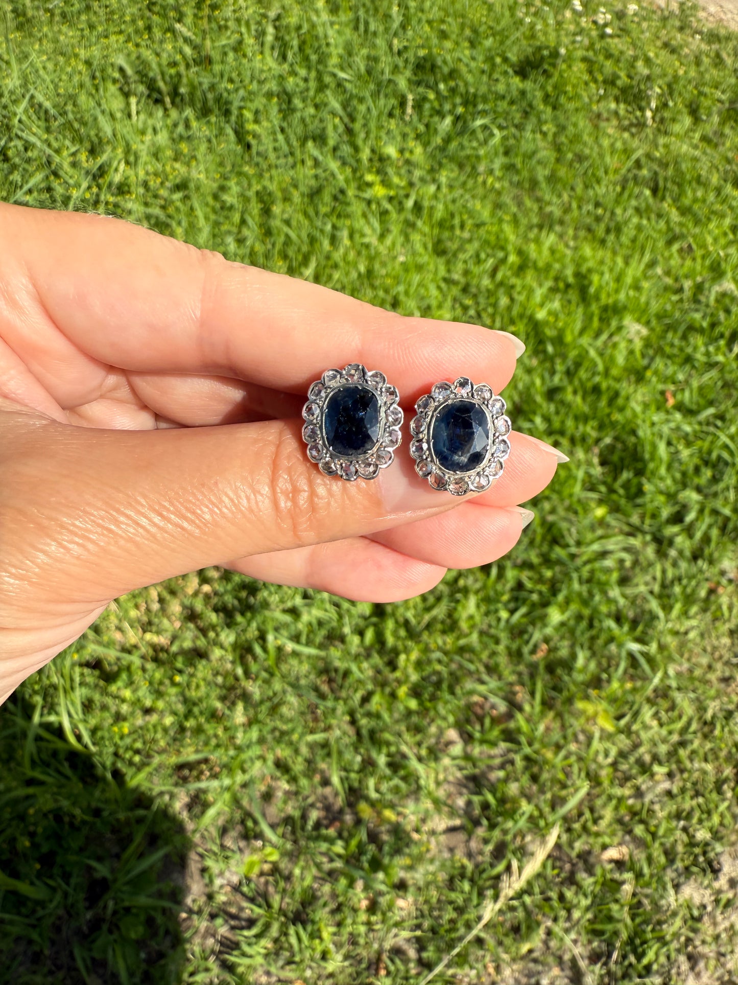 ANTIQUE Oval Natural SAPPHIRE Rose Cut DIAMOND Halo Large Stud Earrings 18k Gold Silver Topped Blue