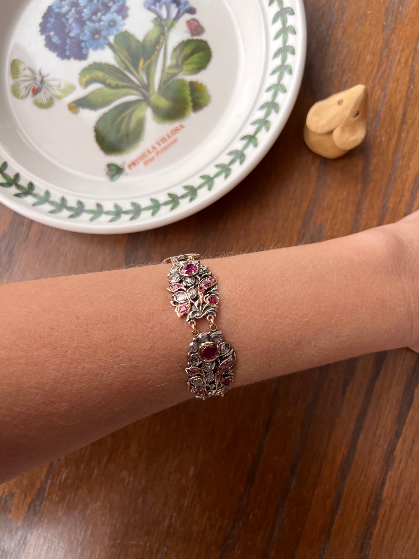 RARE Floral GIARDINETTI Antique Bracelet Flat Cut Ruby Pink Sapphire Rose Cut DIAMOND Figural Link Bracelet Georgian 14k Gold Silver