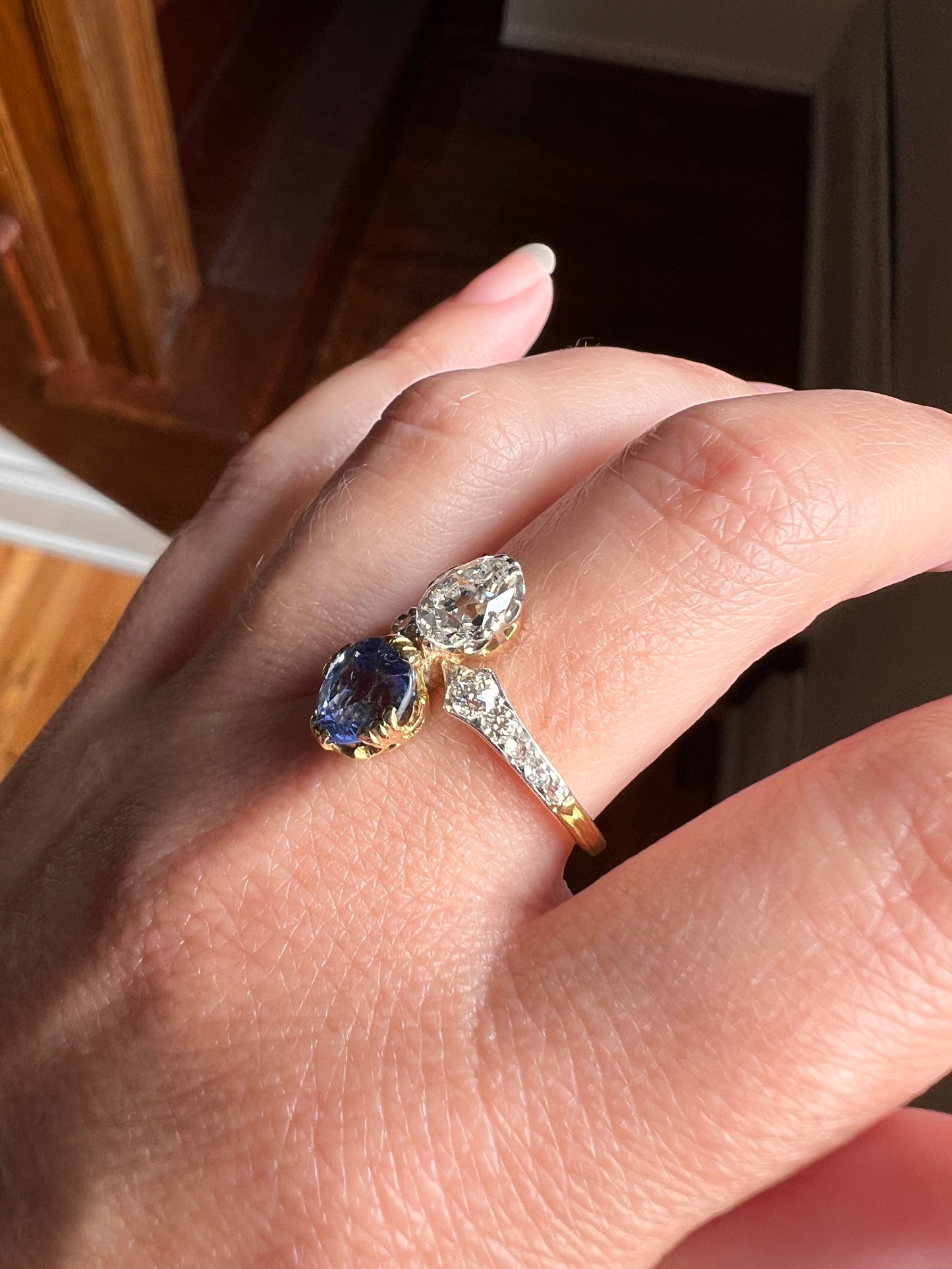 Antique No Heat PEAR Natural Ceylon SAPPHIRE Old Mine Cut DIAMOND Toi et Moi Ring 1 Carat Tdw French 18k Gold Platinum Ring