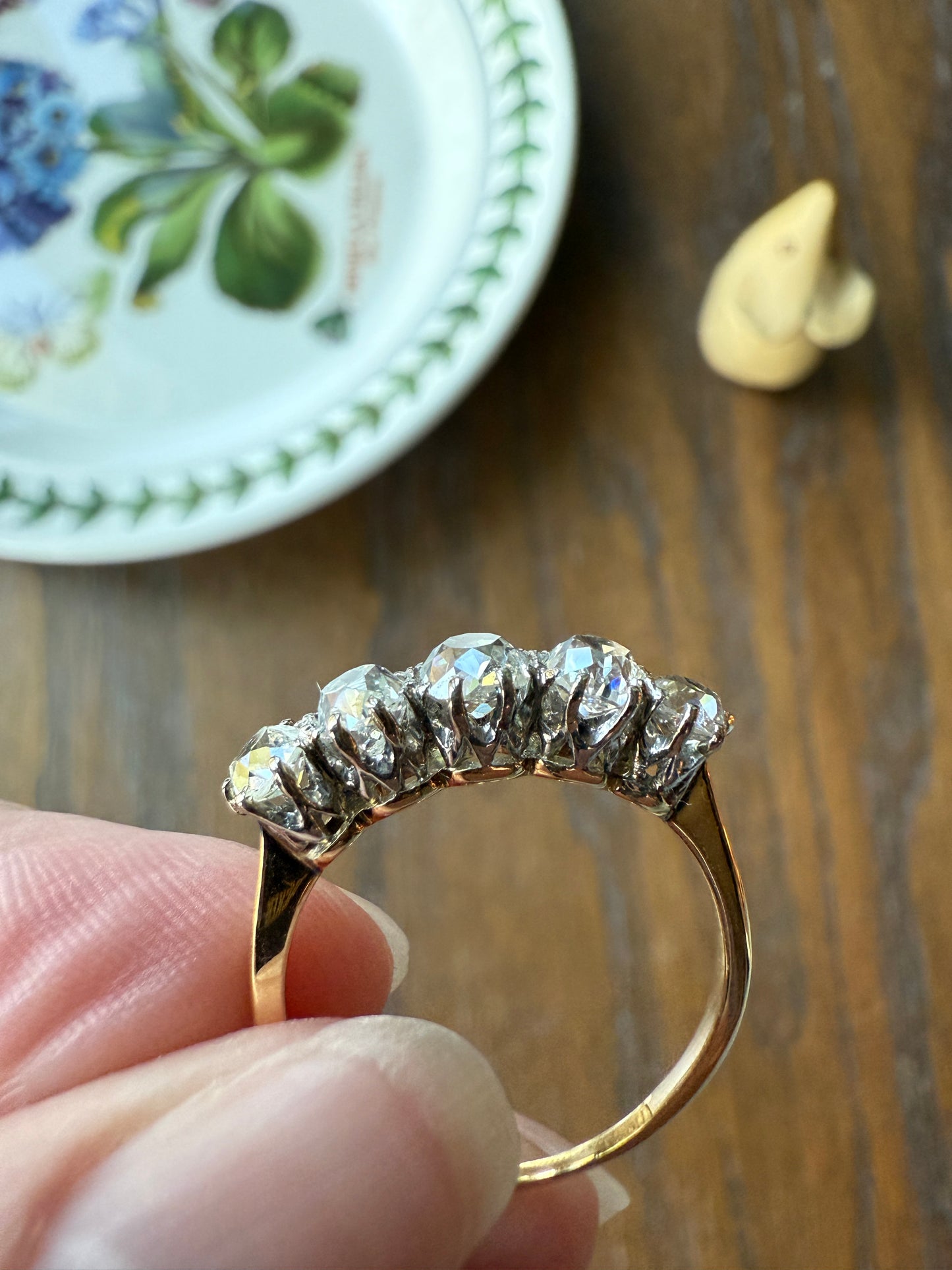 Five Stone Victorian Antique 1.75 CARAT Old Mine Cut DIAMOND Tall Stacker Ring 18k Gold Skinny Band Wedding Anniversary