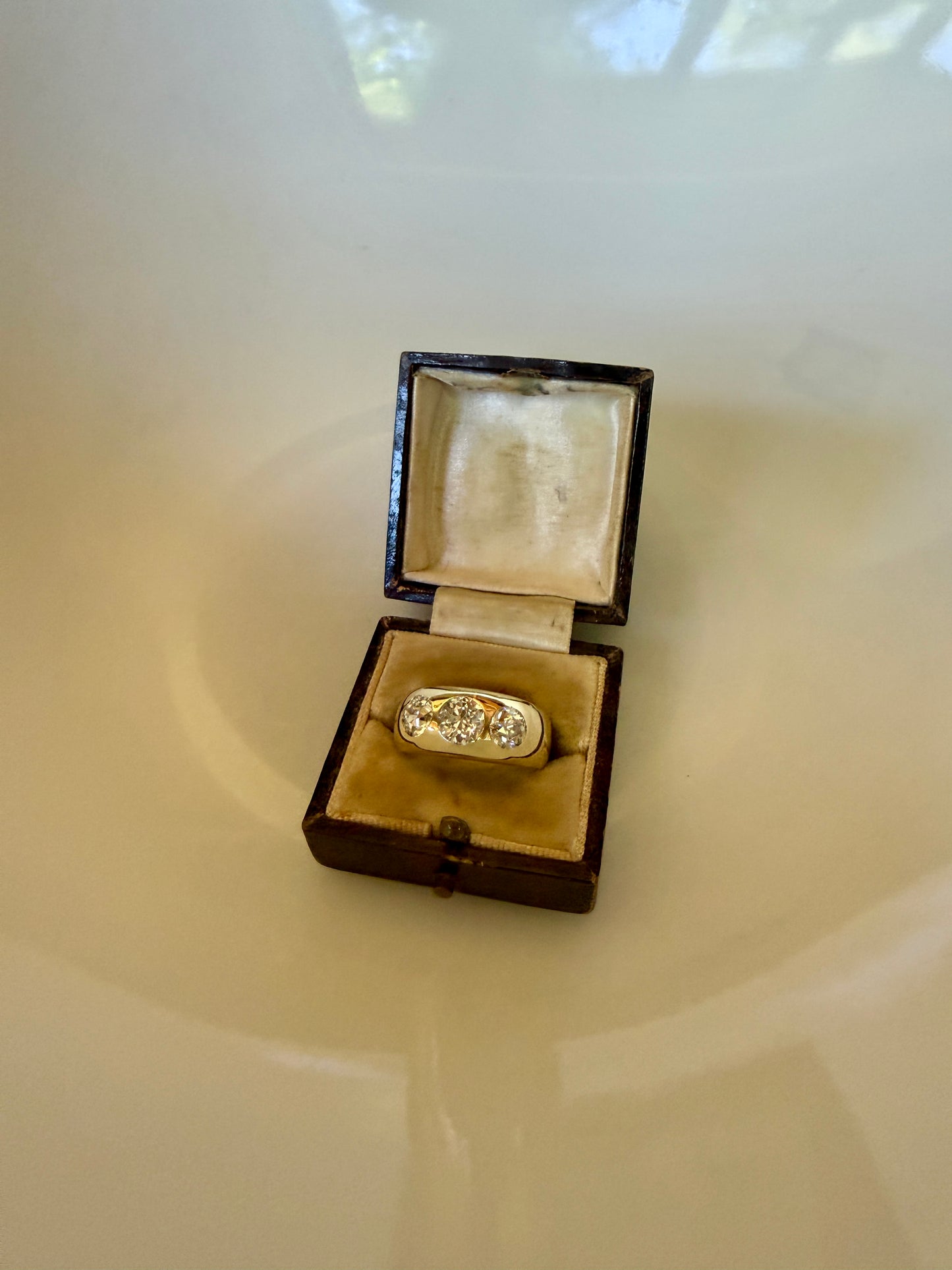 HEAVY Antique 2.4 Carats Natural Old Mine Cut Diamond Three Stone Gypsy Band 10.1g 14k Gold Stacker Ring Man Unisex Chunky