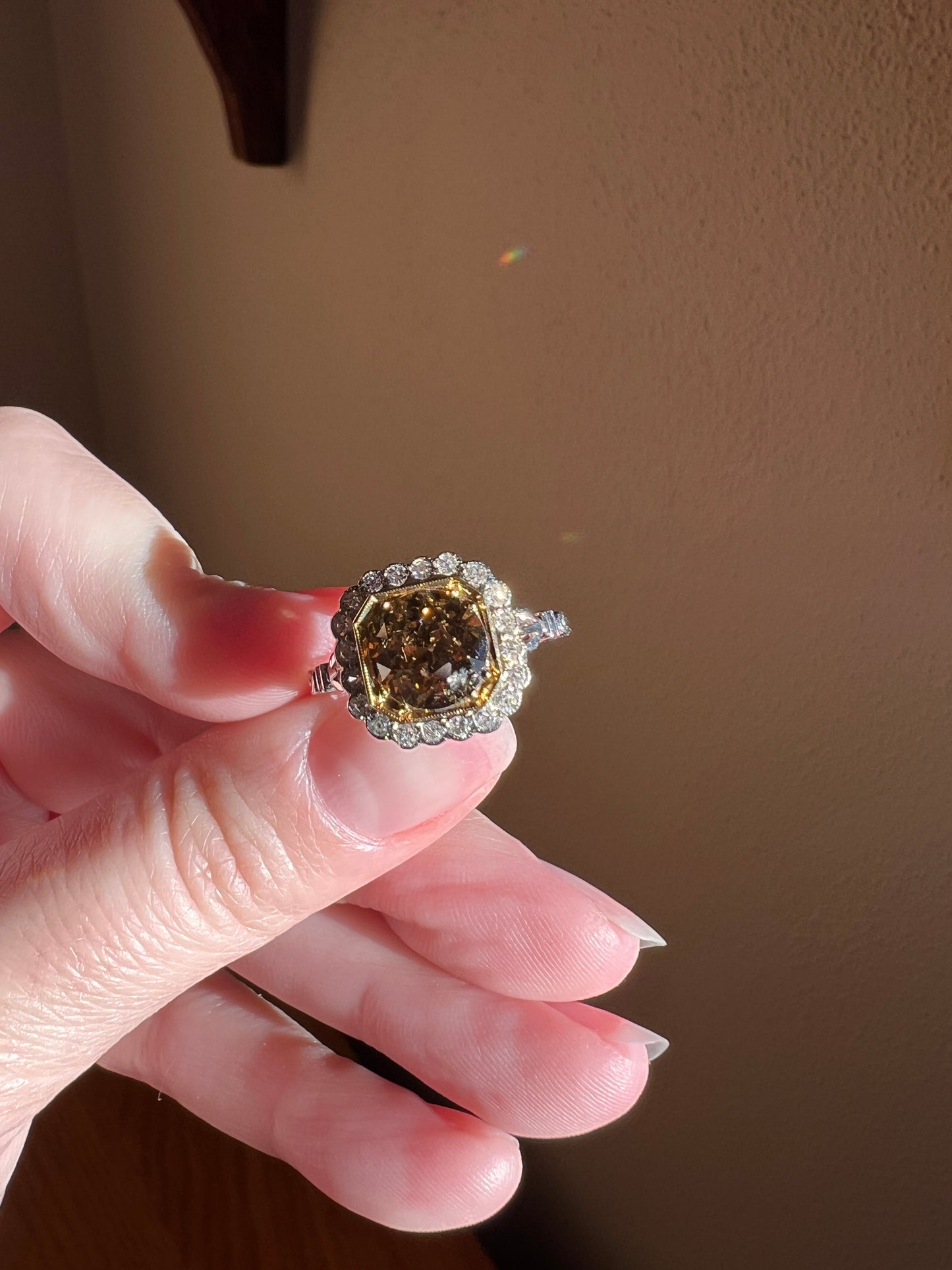 Edwardian 2.3 Carat Tdw Antique Fancy BROWN Yellow Old European Cut DIAMOND Halo Ring Platinum 18k Gold