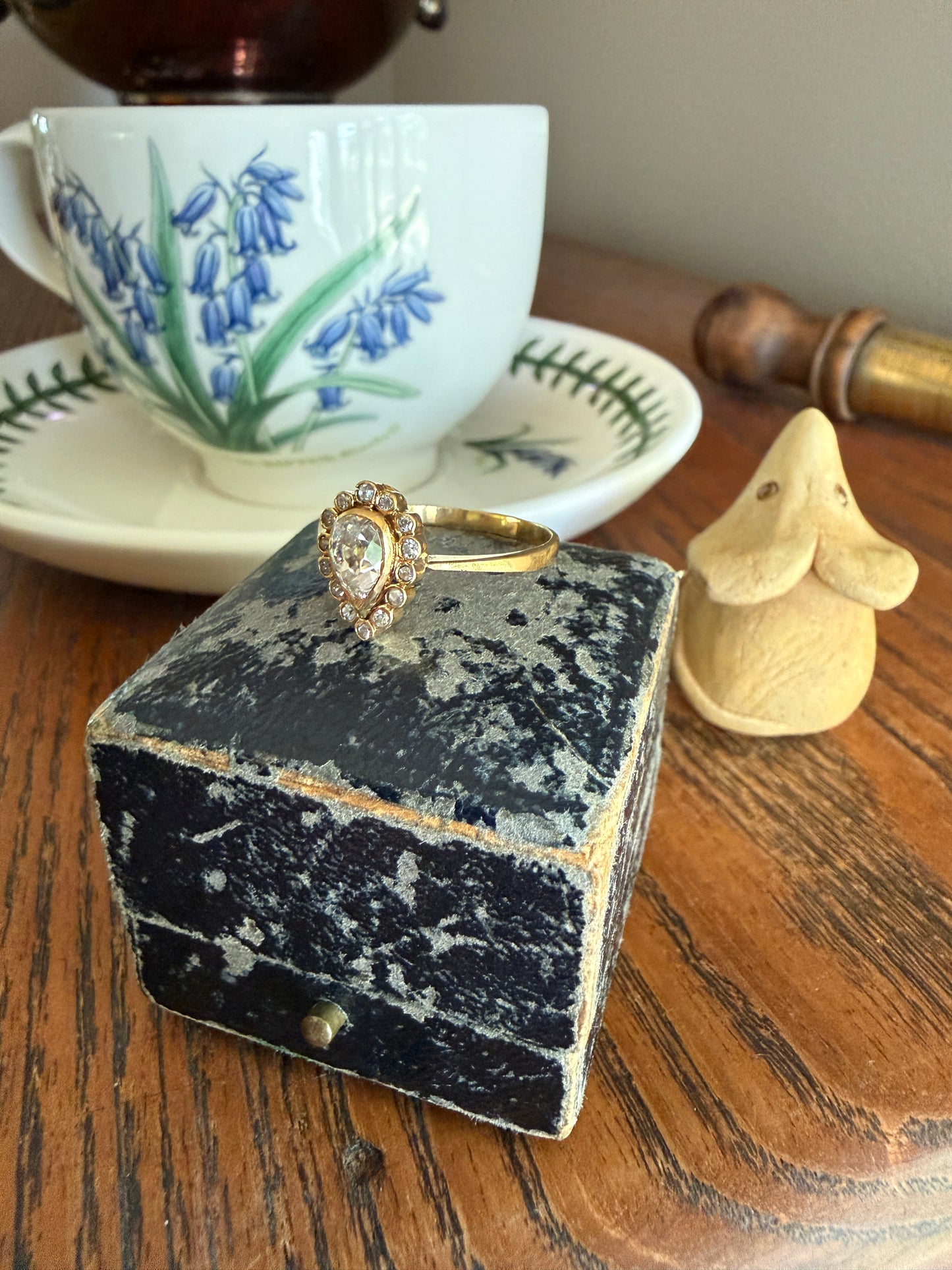 Vintage Halo Ring with Chunky .6 Carat Antique Old Mine Cut PEAR Diamond Eye Clean & Old Single Cuts Bezel Set Ring Teardrop Stacker