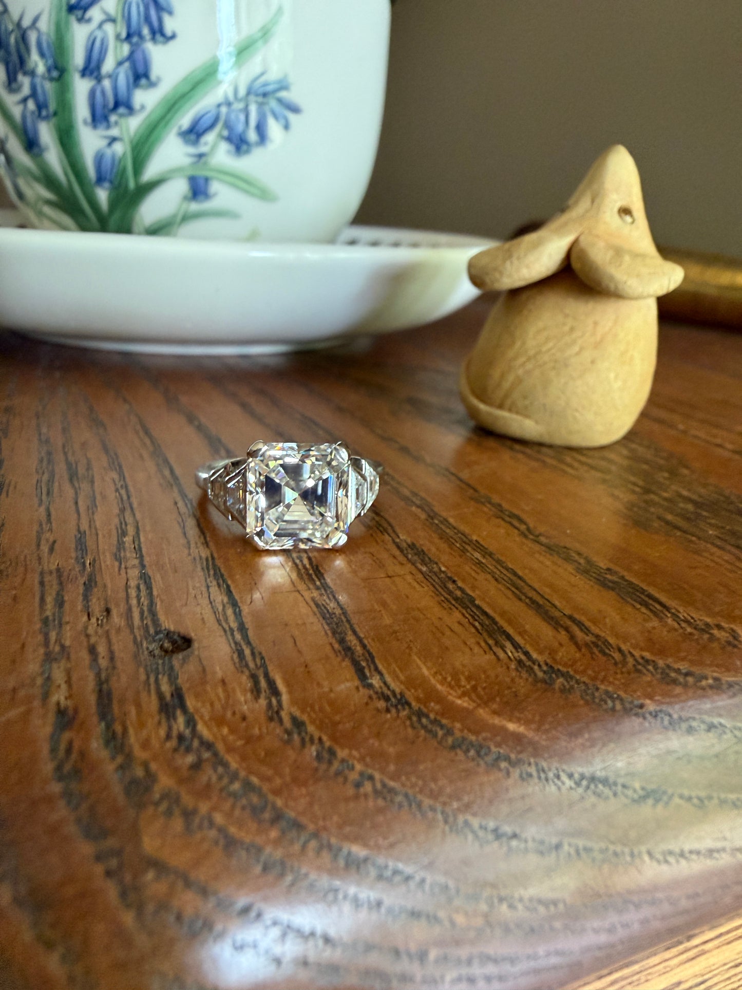 Exceptional 4 Carat Square Step Cut Diamond Solitaire Ring French PLATINUM w/ Trapezoid Accents Vintage to Art Deco 4.5Ctw Faces Eye CLEAN