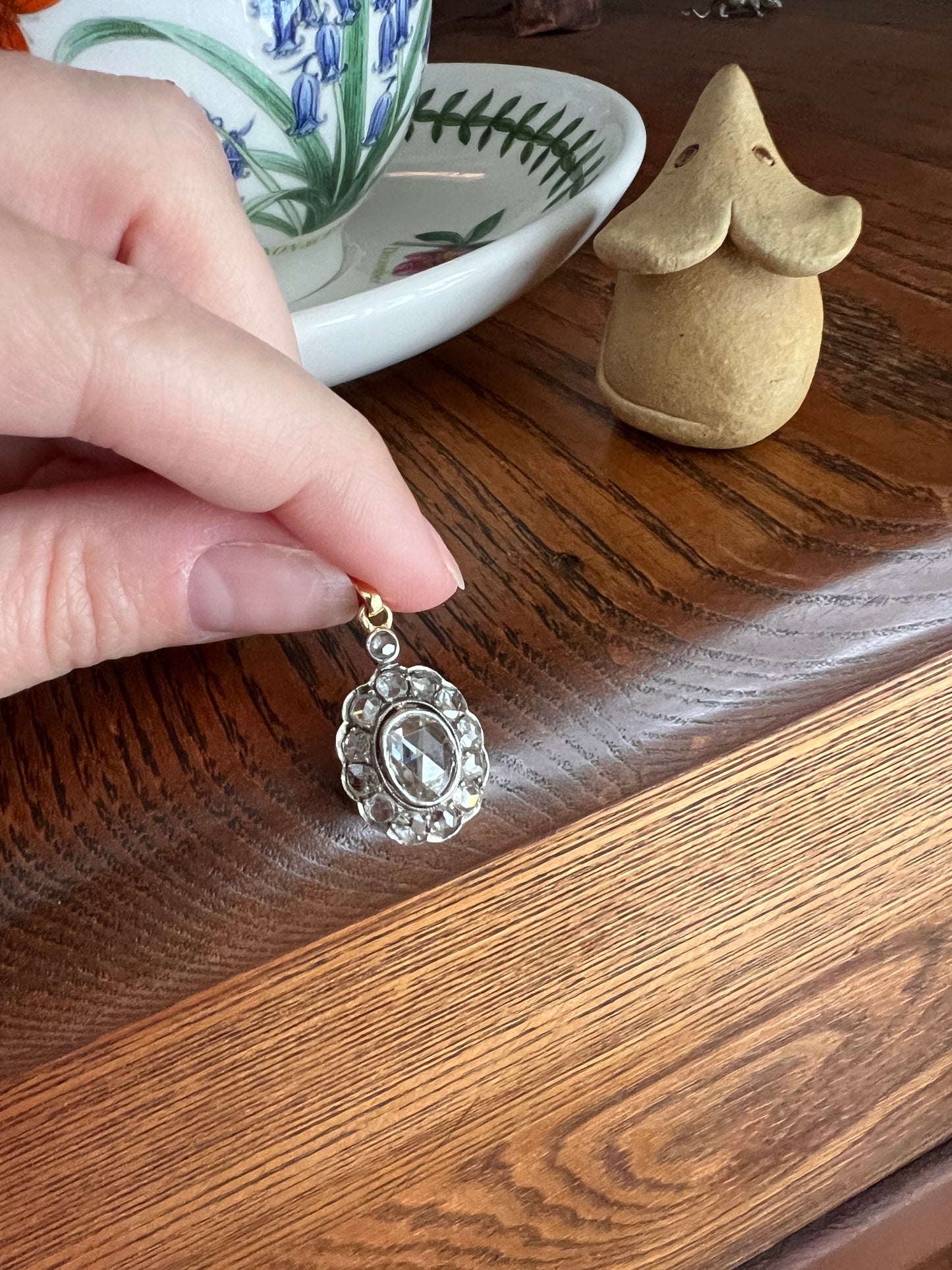 Large Antique Halo Cluster PENDANT 2 Carats Rose Cut DIAMOND French 18k Gold Silver