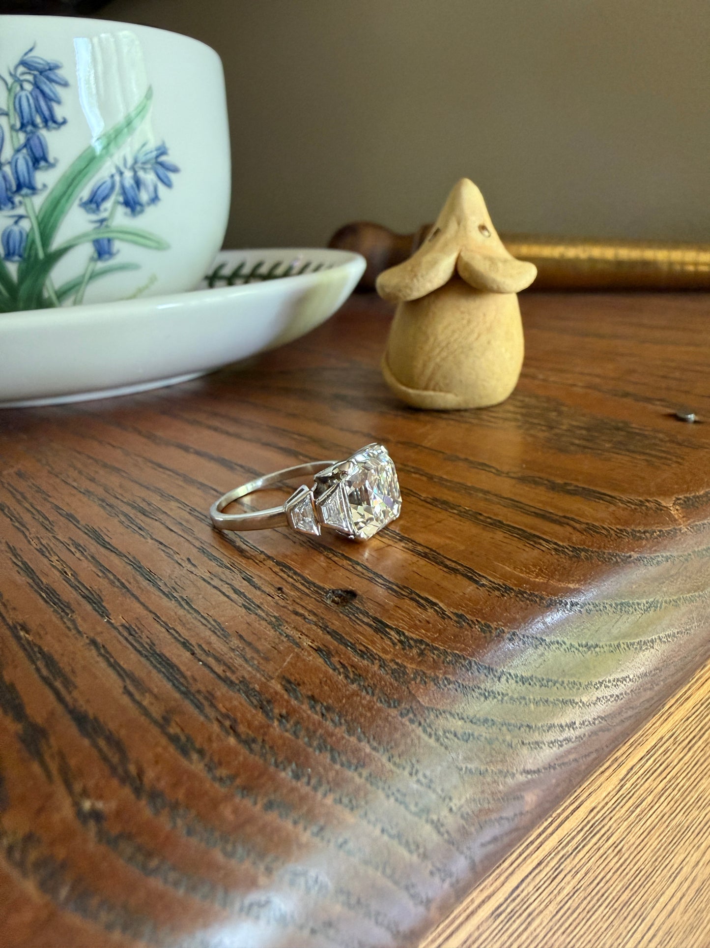 Exceptional 4 Carat Square Step Cut Diamond Solitaire Ring French PLATINUM w/ Trapezoid Accents Vintage to Art Deco 4.5Ctw Faces Eye CLEAN