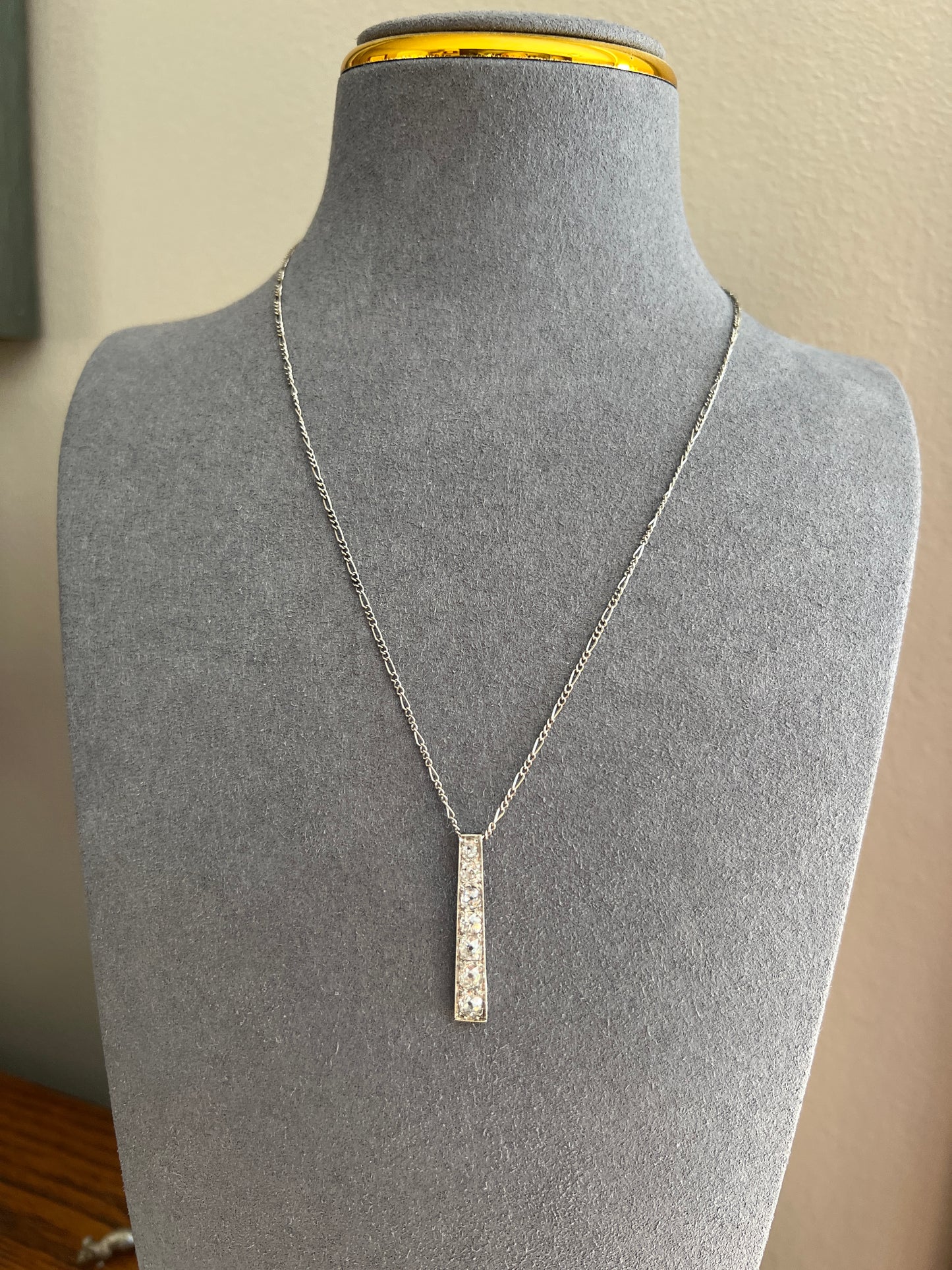 French Antique 1.4 Carat Old Mine Cut DIAMOND Line Dangle Seven Stone PENDANT Geometric 18k White Gold Chain