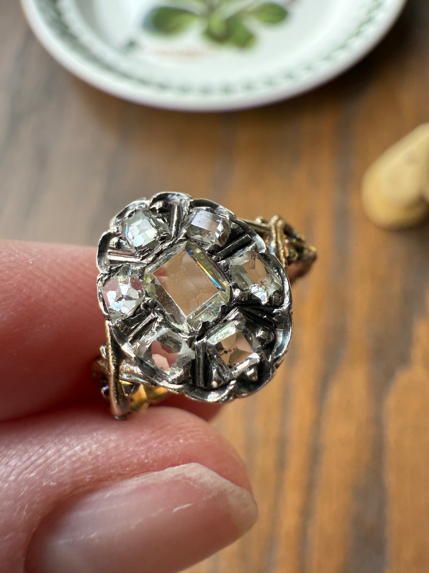 French Early Victorian Era Antique Open Back Table Cut DIAMOND Oval Cluster Ring 18k Gold Scarce Romantic Gift 1800s Ornate Band Stacker