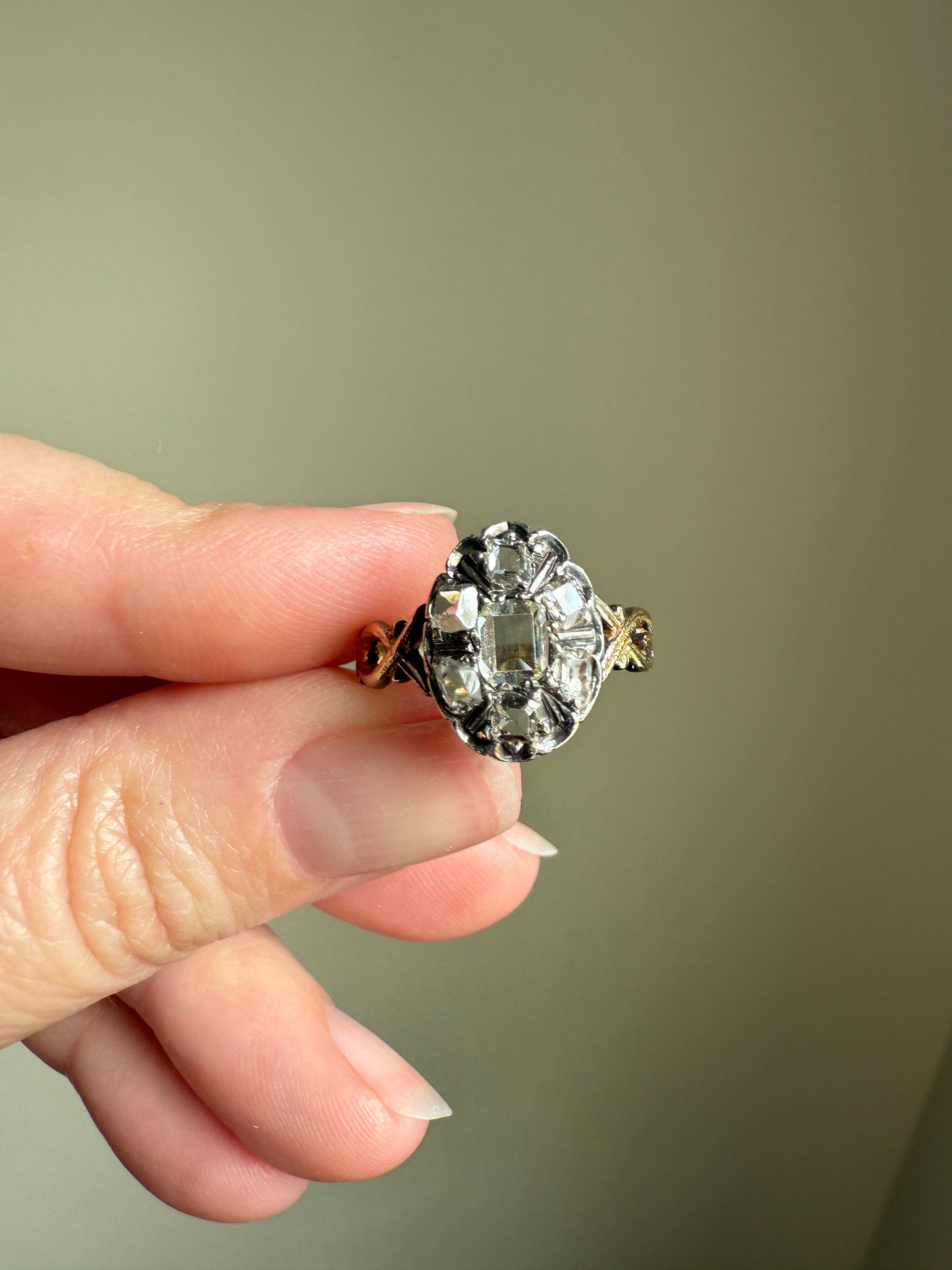 French Early Victorian Era Antique Open Back Table Cut DIAMOND Oval Cluster Ring 18k Gold Scarce Romantic Gift 1800s Ornate Band Stacker