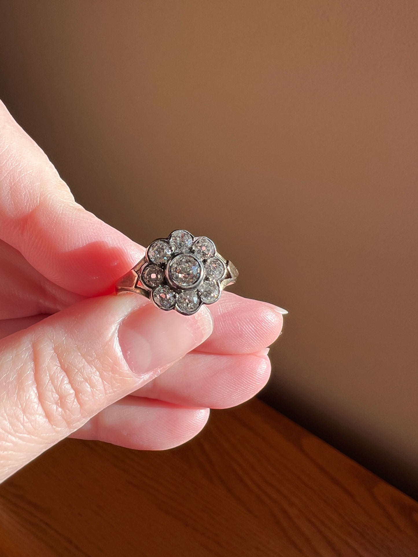 Antique Bezel Set Daisy CLUSTER Ring 1.2 CARAT Old Mine Cut DIAMOND Halo 14k Gold Stacker Victorian