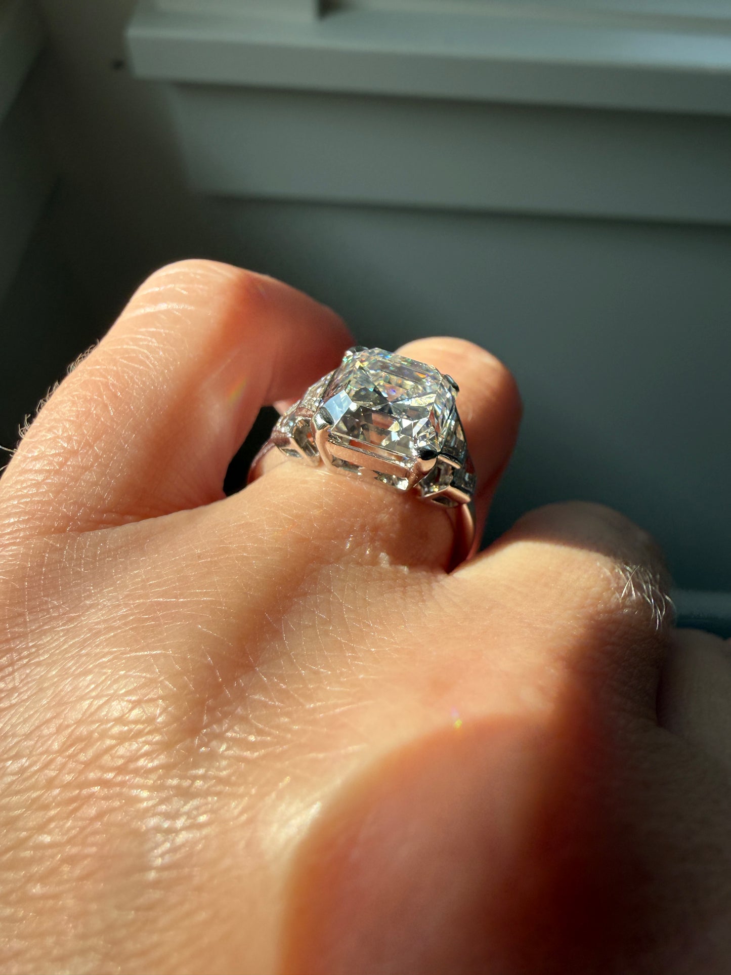 Exceptional 4 Carat Square Step Cut Diamond Solitaire Ring French PLATINUM w/ Trapezoid Accents Vintage to Art Deco 4.5Ctw Faces Eye CLEAN