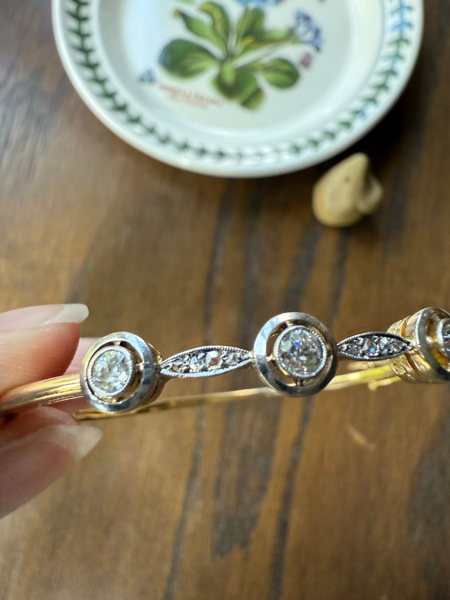 ANTIQUE 1 Carat Rose Old Mine Cut DIAMOND BANGLE Bracelet Hinged Engraved Halo Setting Yellow Champagne White Linear