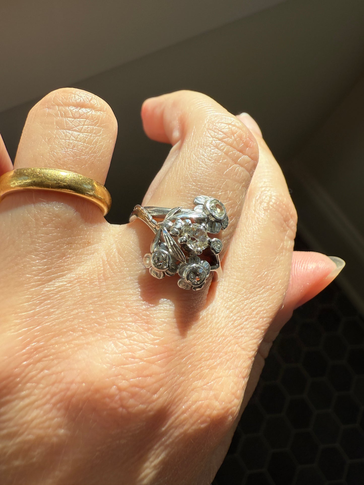 DRAGONFLY Special Dated 1922 Antique Ring 0.7 Carat Old Mine Cut DIAMONDS 18k White Gold Figural Flower Bouquet French Art Deco