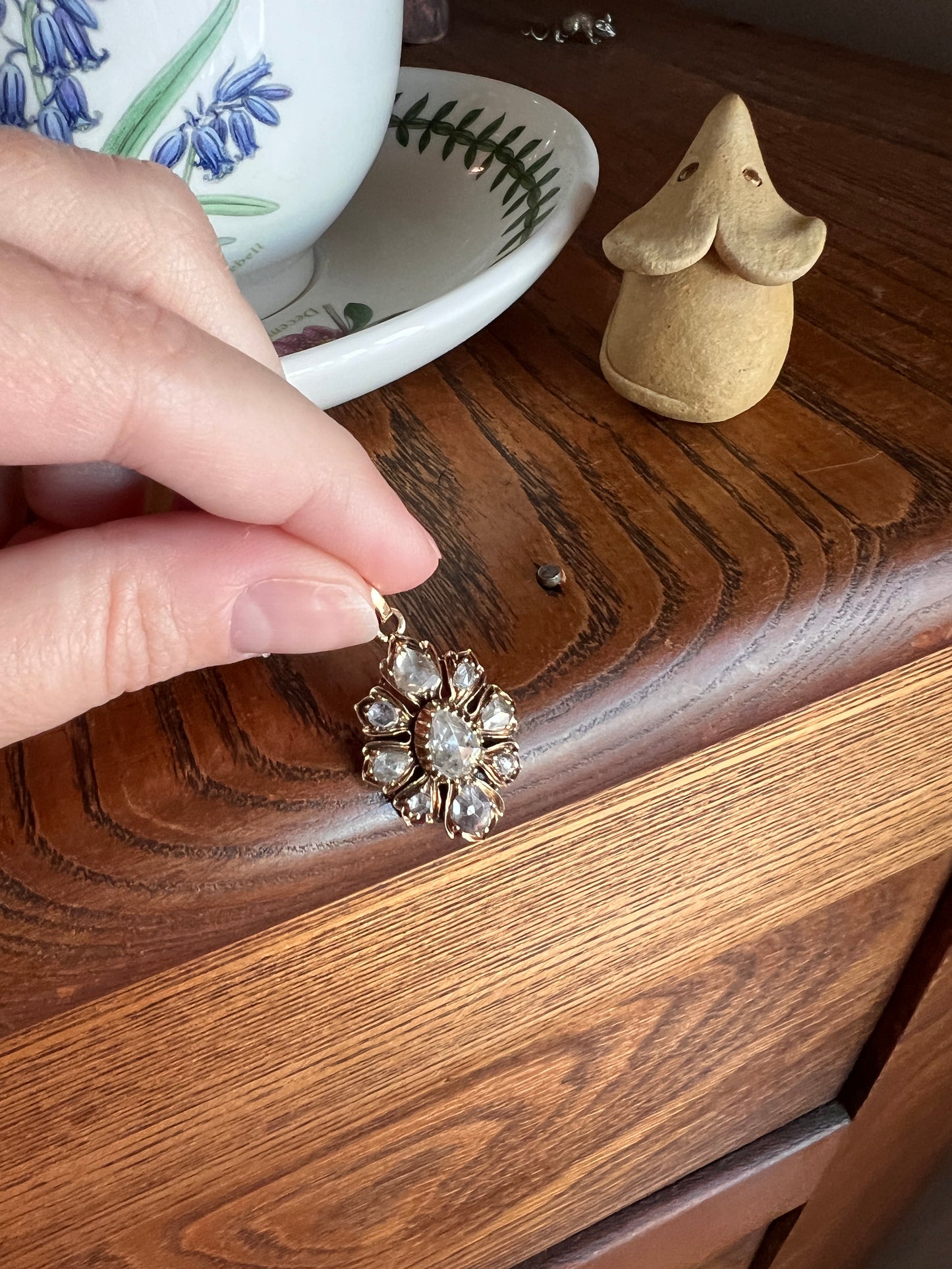 Large Antique FLORAL 2.4 Carats Rose Cut DIAMOND Cluster PENDANT French 18k Gold Victorian Gift Domed Pear